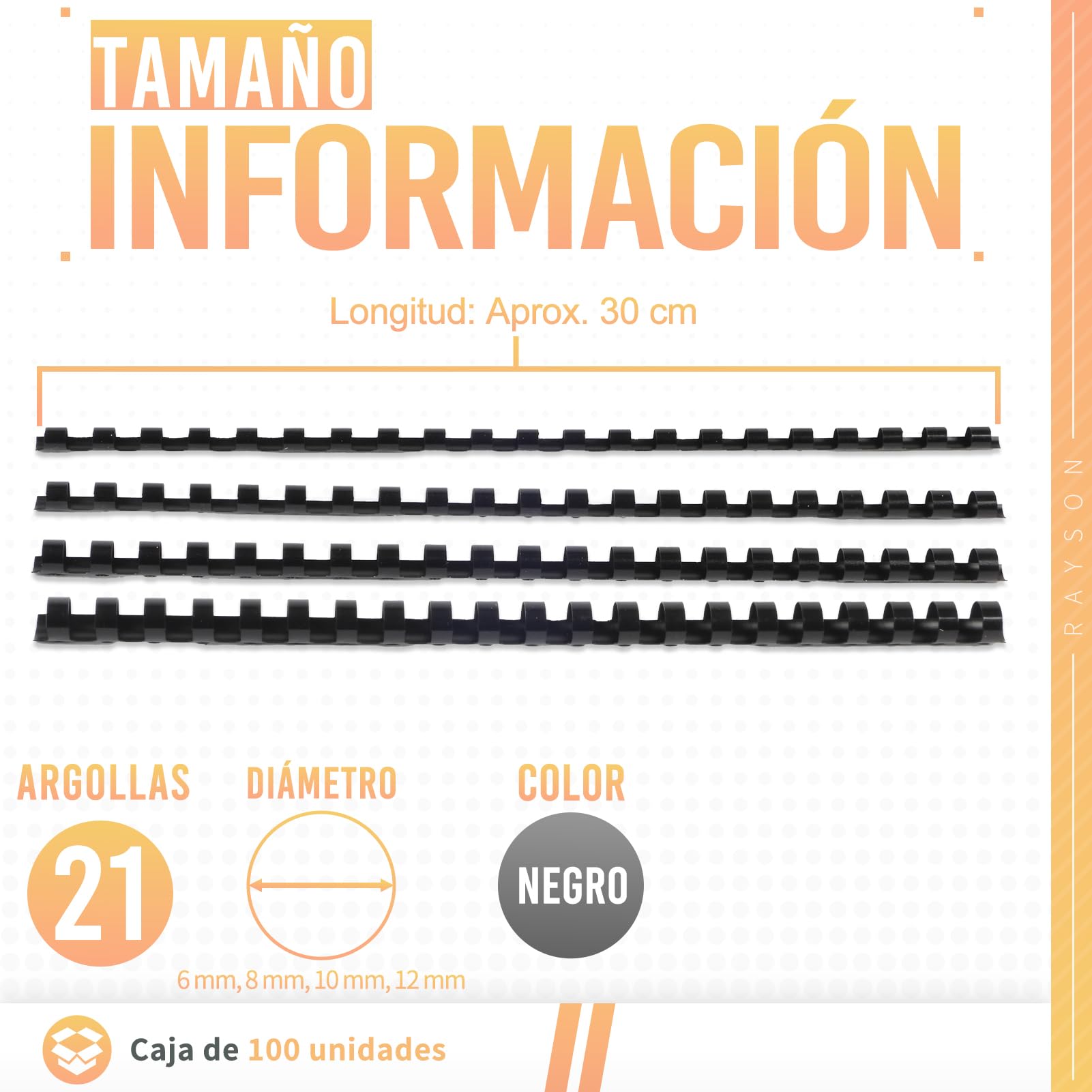 RAYSON Canutillos encuadernar de plástico, Multitamaño, 21 anillas, Capacidad de encuadernación de 20-90 hojas, 6mm 8mm 10mm 12mm, A4, Negro, paquete de 100