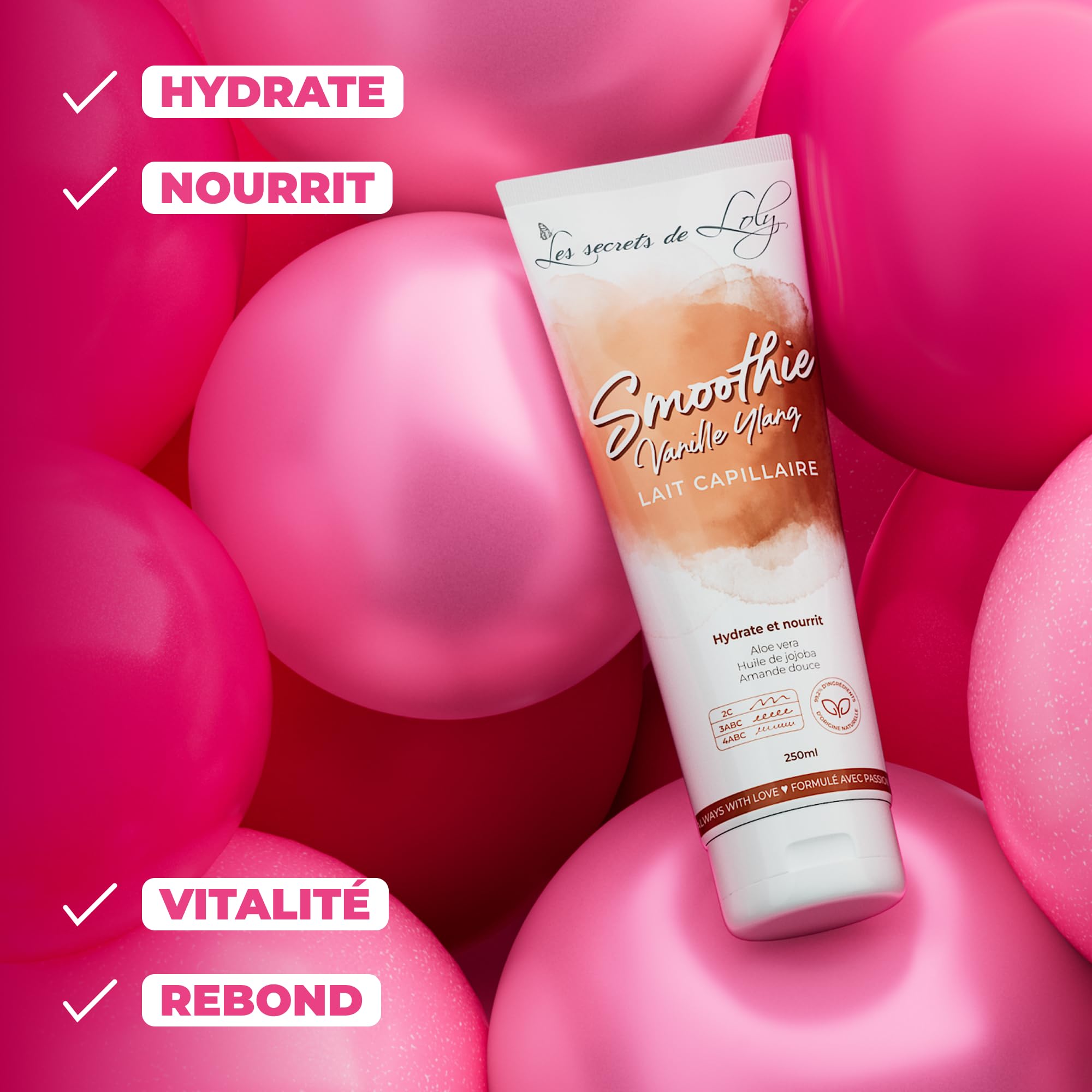Les Secrets de Loly – Smoothie Vanille Ylang – Lait capillaire sans rinçage Nourrissant & définition – Cheveux bouclés, frisés, crépus, denses – +97% d'origine naturelle – 250 ml