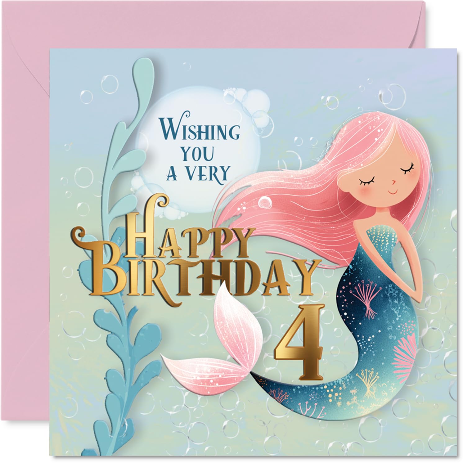Cute 4th Birthday Card - Make a Splash Turning 4 - Whimsical Mermaid in Dreamy Pastel Hues - Sure to Delight Any Little Birthday Star - 145mm Square, Envelope Included