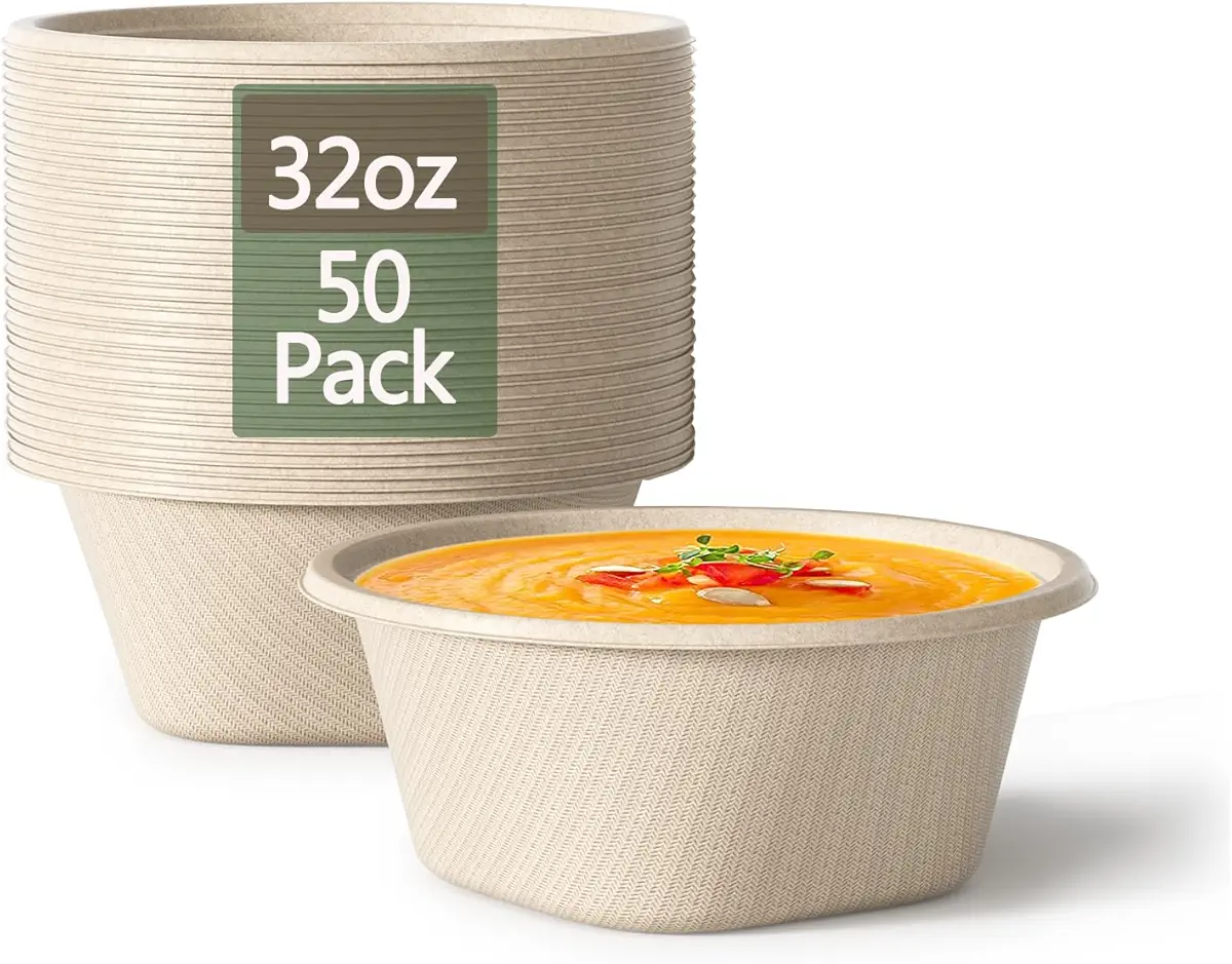 Homestockplus 32 Oz Deep Disposable Bowls Paper Bowls Disposable Heavy Duty Compostable Bowls, Eco-friendly Sugarcane Bagasse Biodegradable Bowls for Soup, Salad, Dessert [50 Pack]
