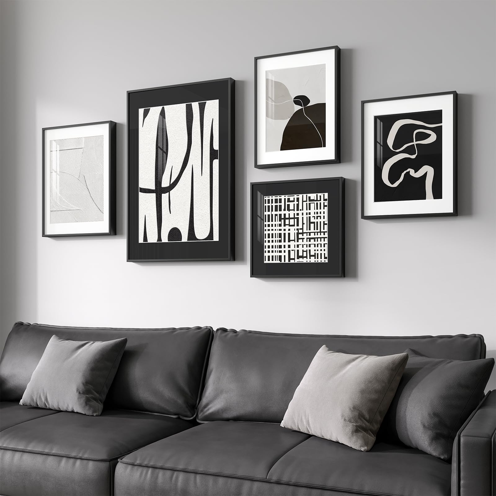 Framed Black and White Abstract Wall Art for Living Room, 5 Piece Modern Art Prints Paintings Artwork for Walls, Minimalist Pictures for Hallway Fireplace Dining Bedroom Office Bathroom Wall Decor
