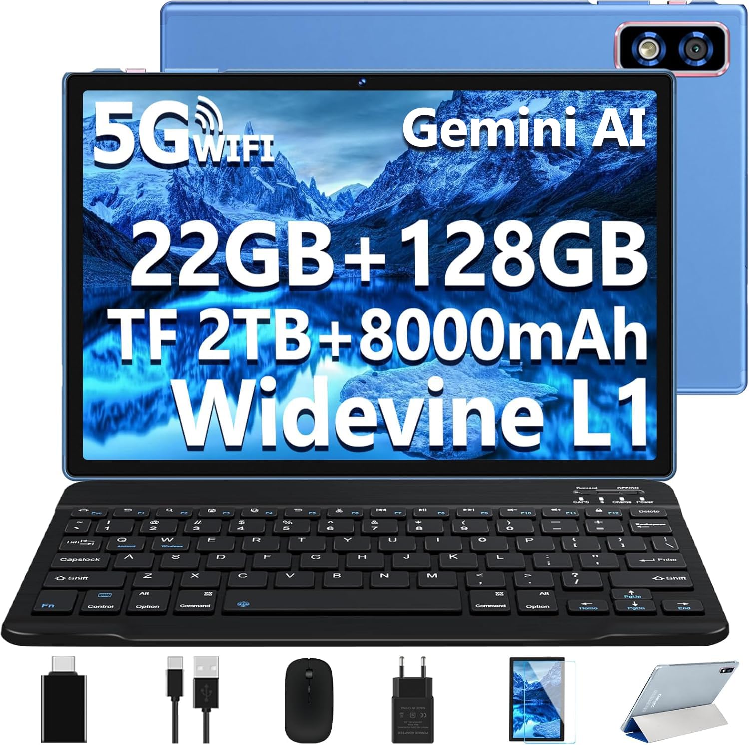 2026 Neueste Tablet 10 Zoll Android Tablet,22GB RAM+128GB ROM/1TB TF, Octa-Core, 2.0GHz,5G+2.4G WiFi, BT 5.0, 8000mAh, Widevine L1,8+5MP, AGPS, 2 in 1 Tablet PC Mit Tastatur und Maus - Blau