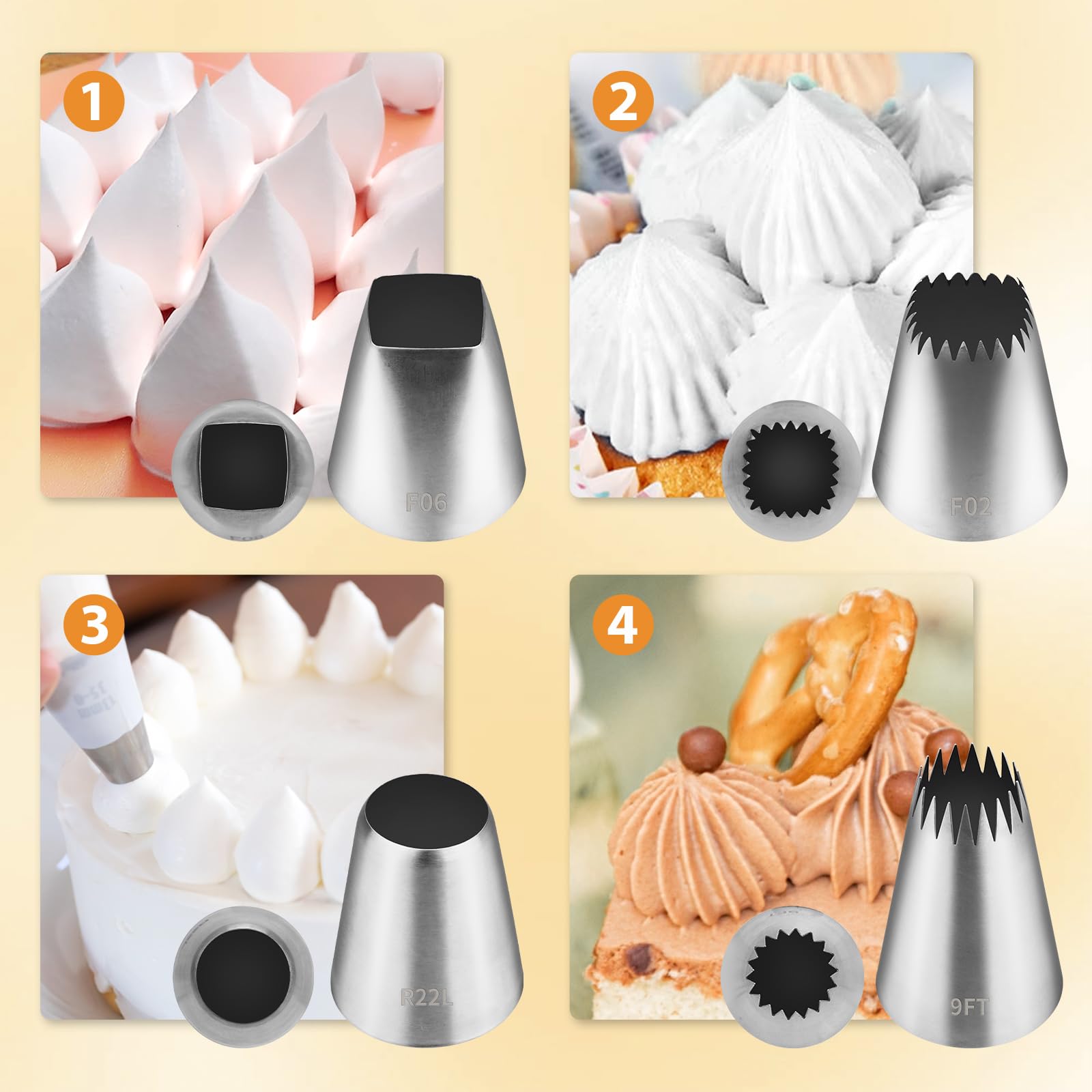 4-teiliges Spritztüllen-Set Extra Groß Aus Edelstahl - Mit 10 Einweg-Spritzbeuteln, Für Kuchen & Cupcakes