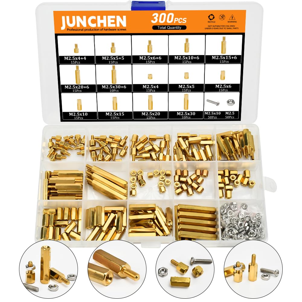 M2.5 Hex Brass Standoff Spacers Nuts Screws Kit,300pcs Male Female Metric Thread Mount Motherboard Standoff Screw Nut Bolt Assortment Kit for DIY