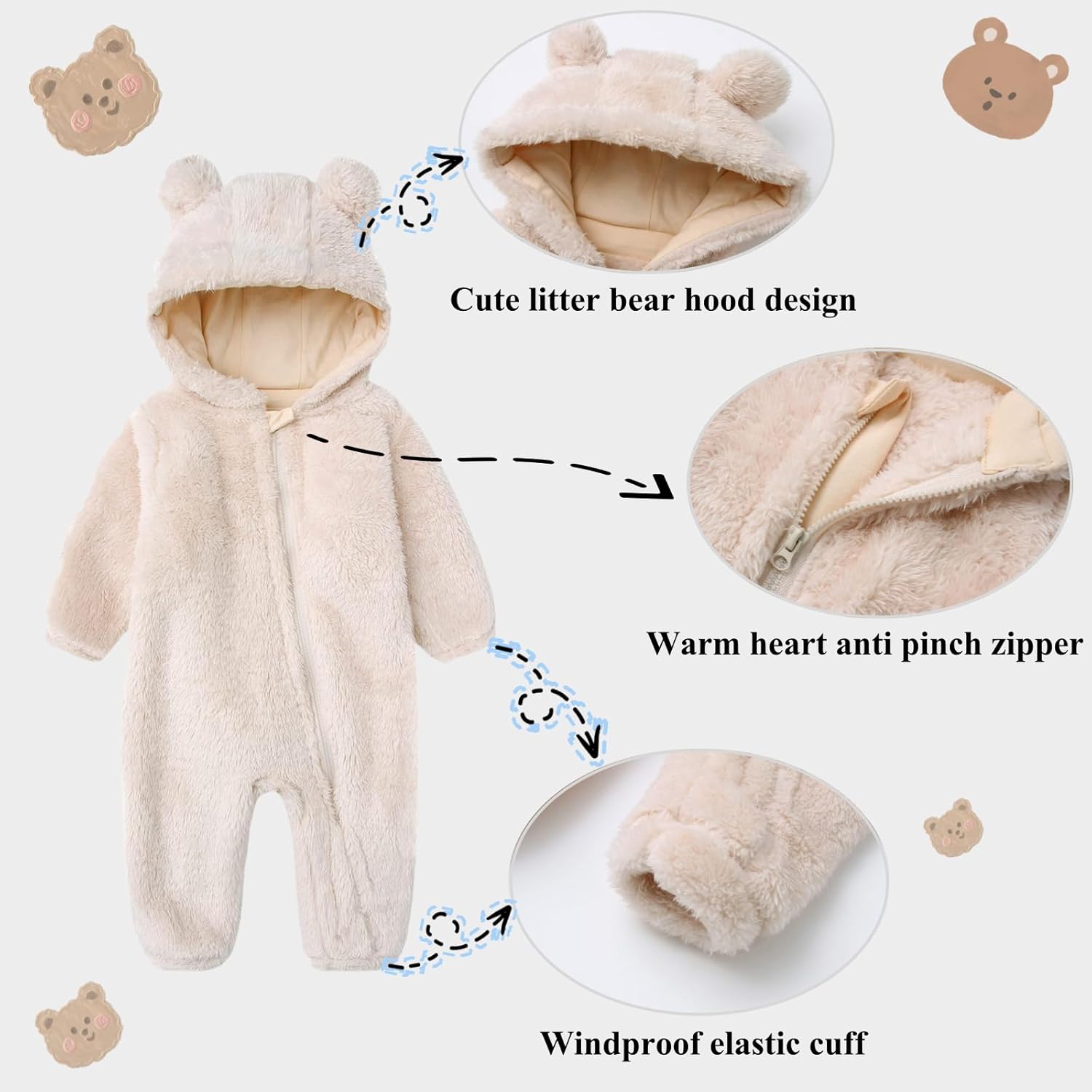 Baby Snowsuit Bear Ear Hooded Jumpsuit Fleece Romper Zipper Winter Coat Outfits - Image 2
