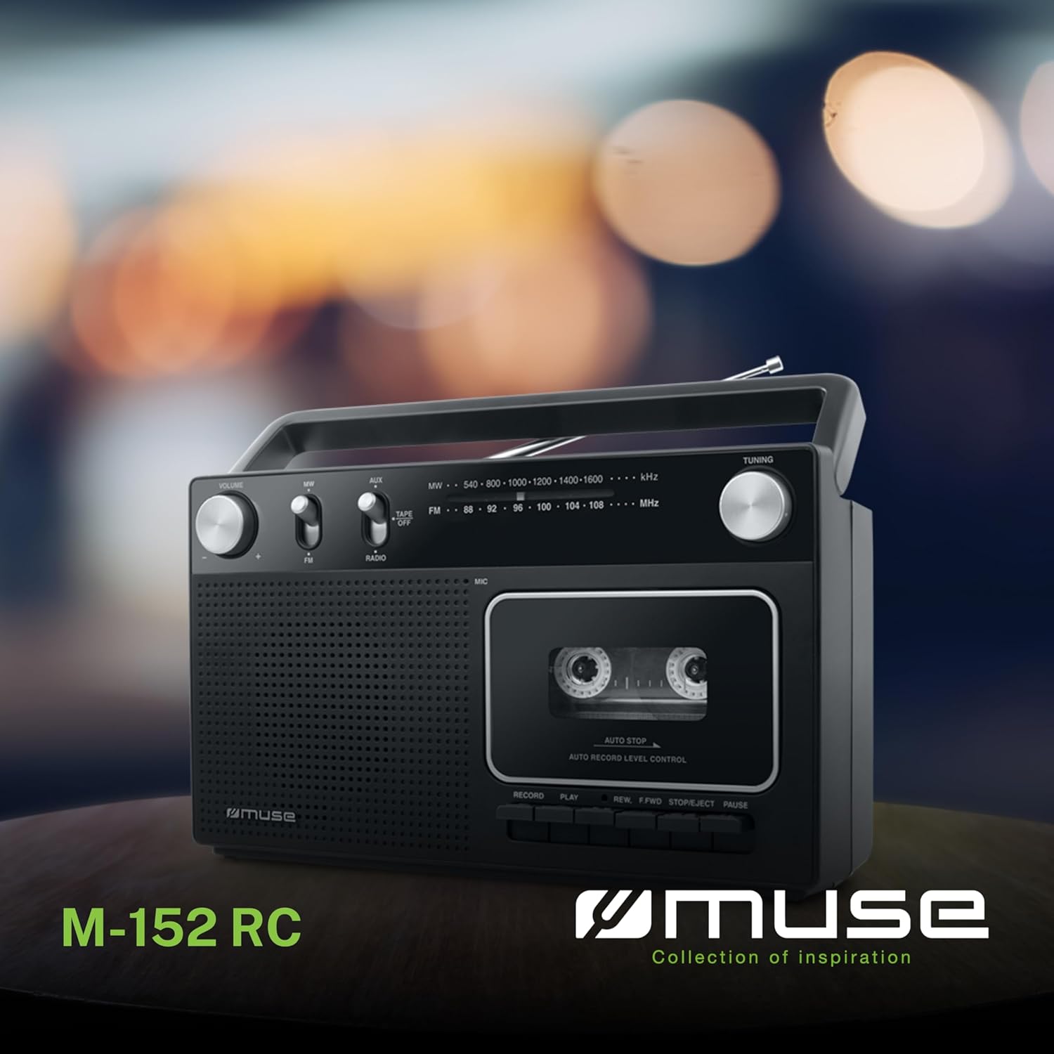 MUSE M-152 RC with key features highlighted: Cassette Recorder, Rotary Controls, Good Sound, FM/MW Radio
