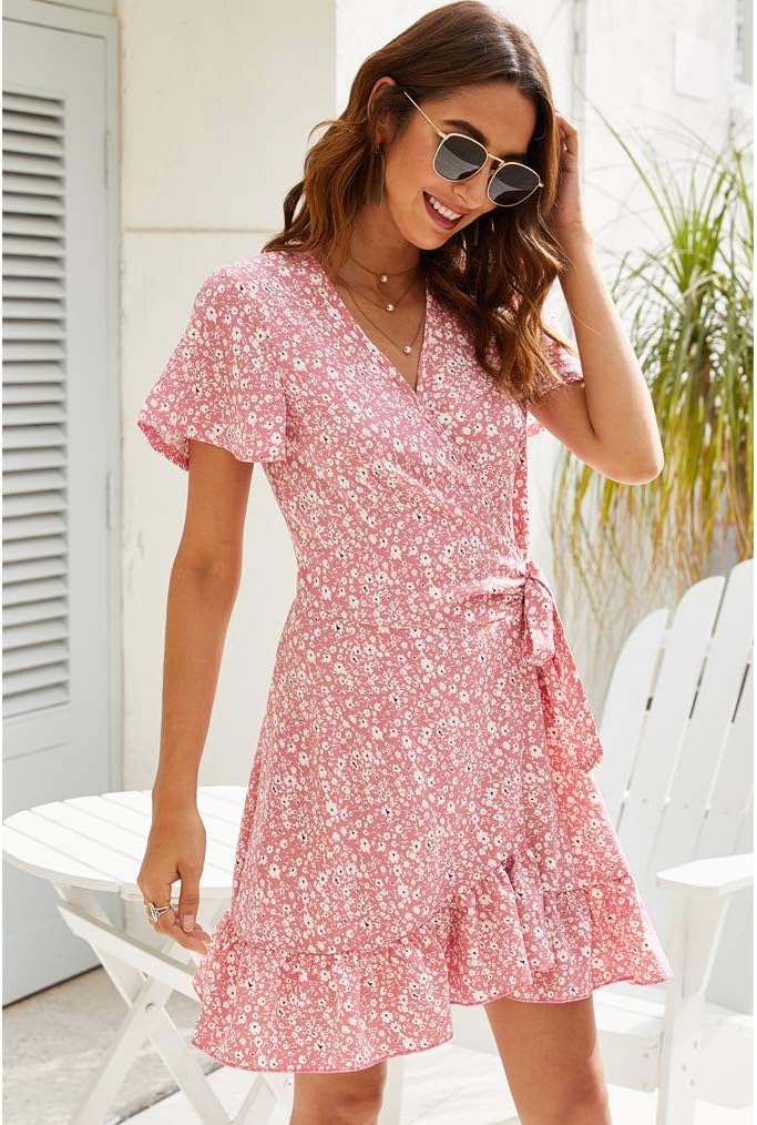 Naggoo Women's Summer Wrap Dresses V Neck Polka Dot Print Ruffle Short Sleeve Mini Floral Boho Dress with Belt - Image 3