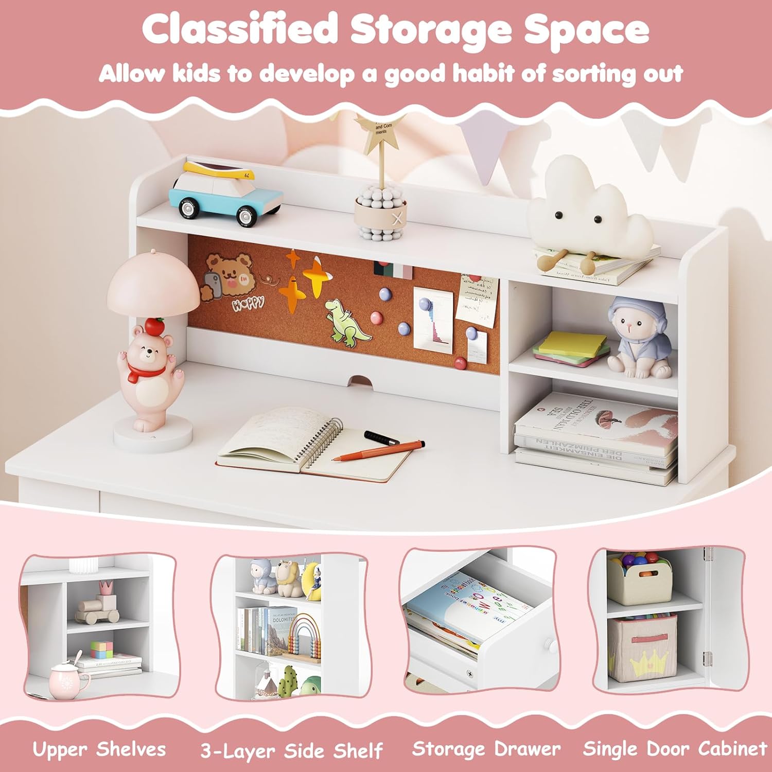 HONEY JOY Kids Desk and Chair Set, Large Wooden Children School Study Table and Chair w/Drawer, Hutch, Storage Shelves, Student Writing Desk Computer Workstation for Bedroom, 7+ Years Old (White)