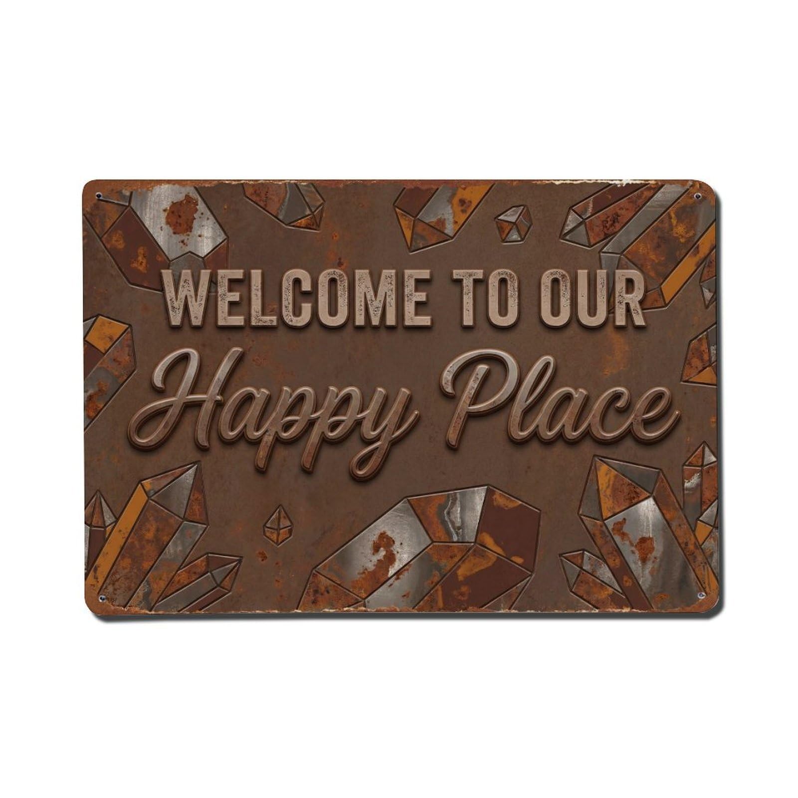 Okngb Style Sloe Grove Welcome Happy Place Farmhouse Garden Gate Metal Tin Sign Plaque Wall Decor For Cafe, Man Cave, Club Bar, Office, Home Garden Round Metal Poster 8X12inch