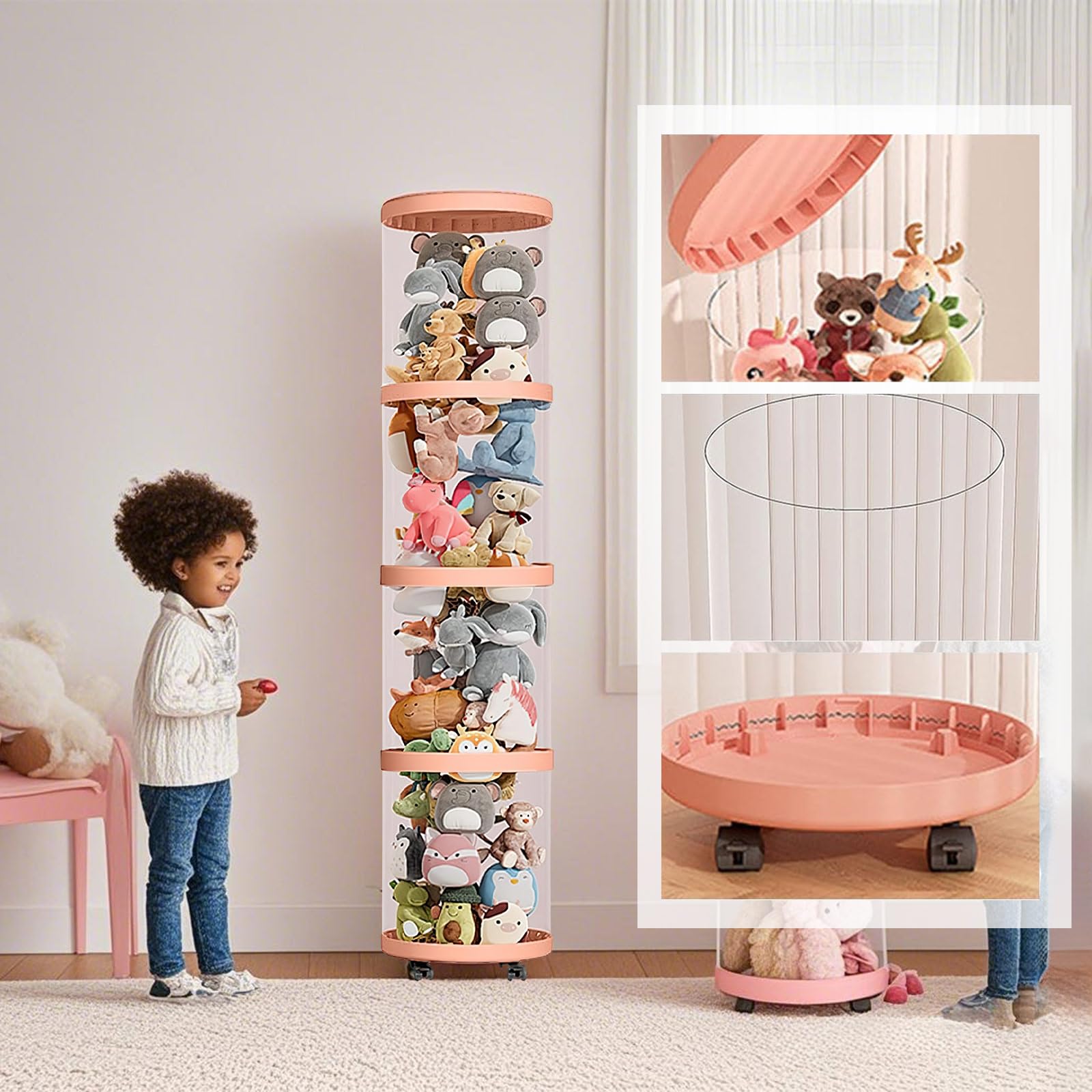 Kouamor Tubo de almacenamiento de juguetes blandos de 70 a 166 cm, almacenamiento de juguetes de peluche multicapa, tubo de almacenamiento de animales de peluche con ruedas, tubo organizador de