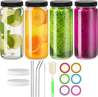 BIGIVACA Glass Juice Bottles with Airtight Lids 16 oz - 4 Pack Reusable Juicing Bottle with 4 Straws - Travel Drinking Jars Cups for Smoothie, Water, Milk, Kombucha, Coffee