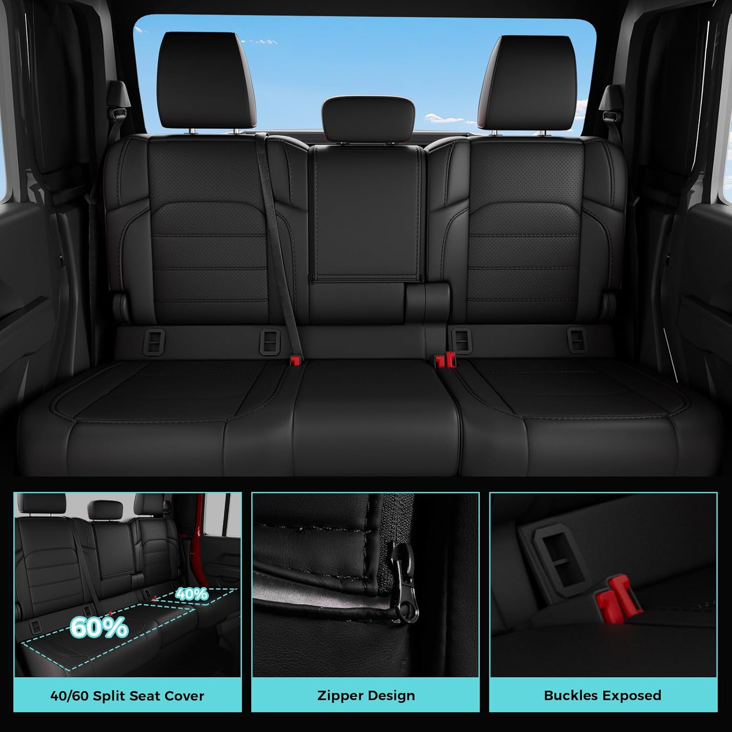 Seat Covers for Jeep Gladiator 2020-2024 2025 Full Set, Universal Fit with & Without Rear Cup Holder, Faux Leather, Black