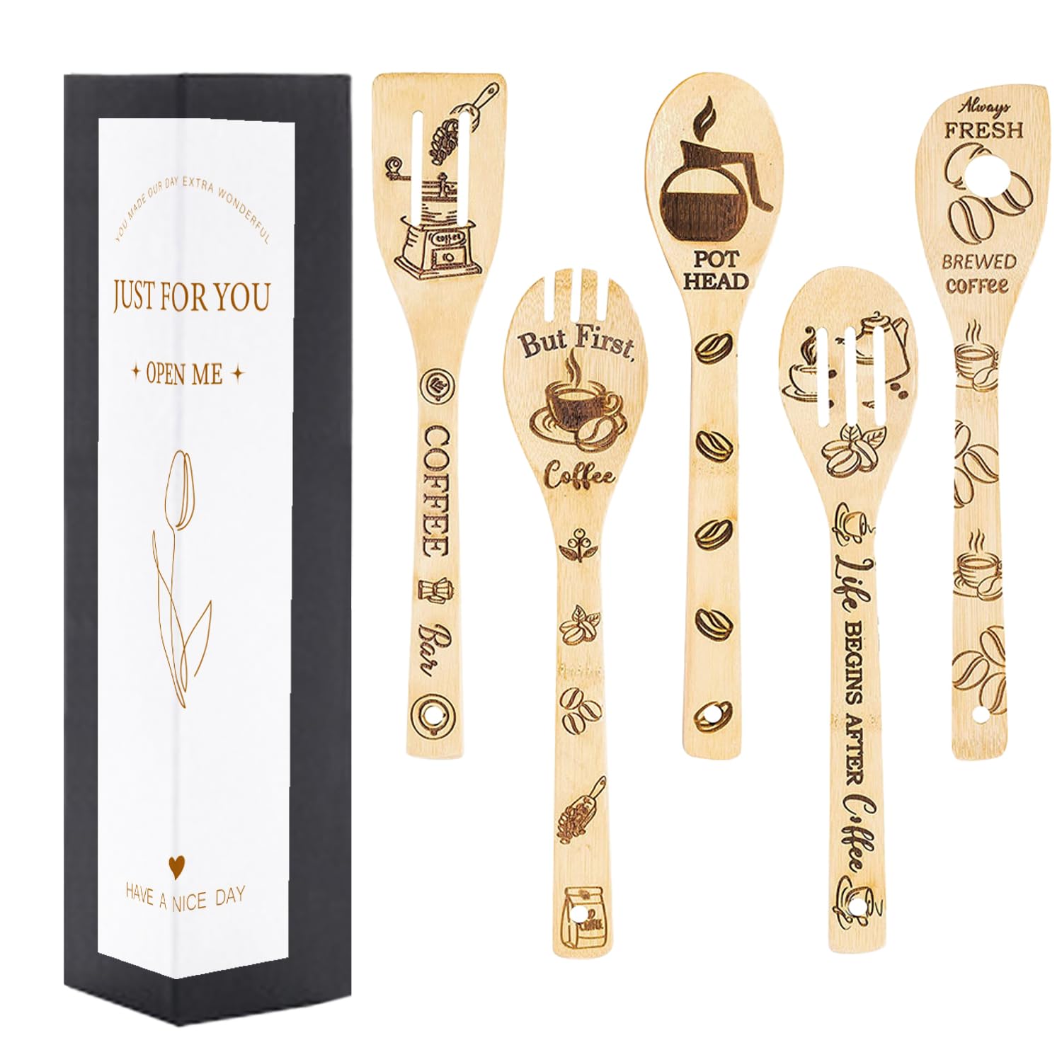 5PCS Wooden Spoons Utensils Set,Engraved Patterns Bamboo Cooking Spoon, Kitchen Cooking Decor Gifts for Mom Lovers Friends Housewarming Wedding