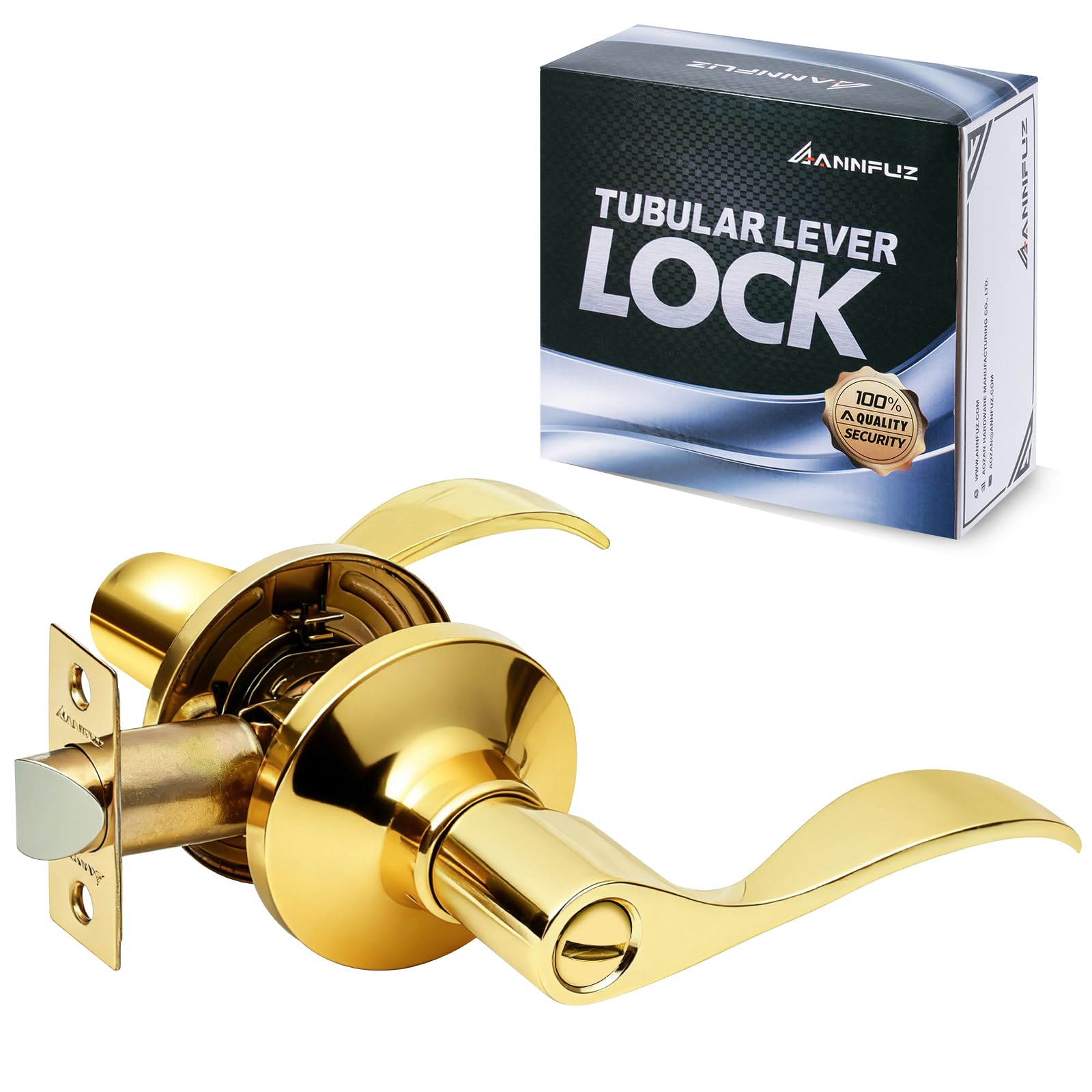 ANNFUZ Gold Privacy Door Handle Without Key,Interior Door Lever with Emergency Access,Reversible keyless Lever for Right & Left Side,Perfect for Bathroom,Bedroom,Restroom(Privacy, Gold)