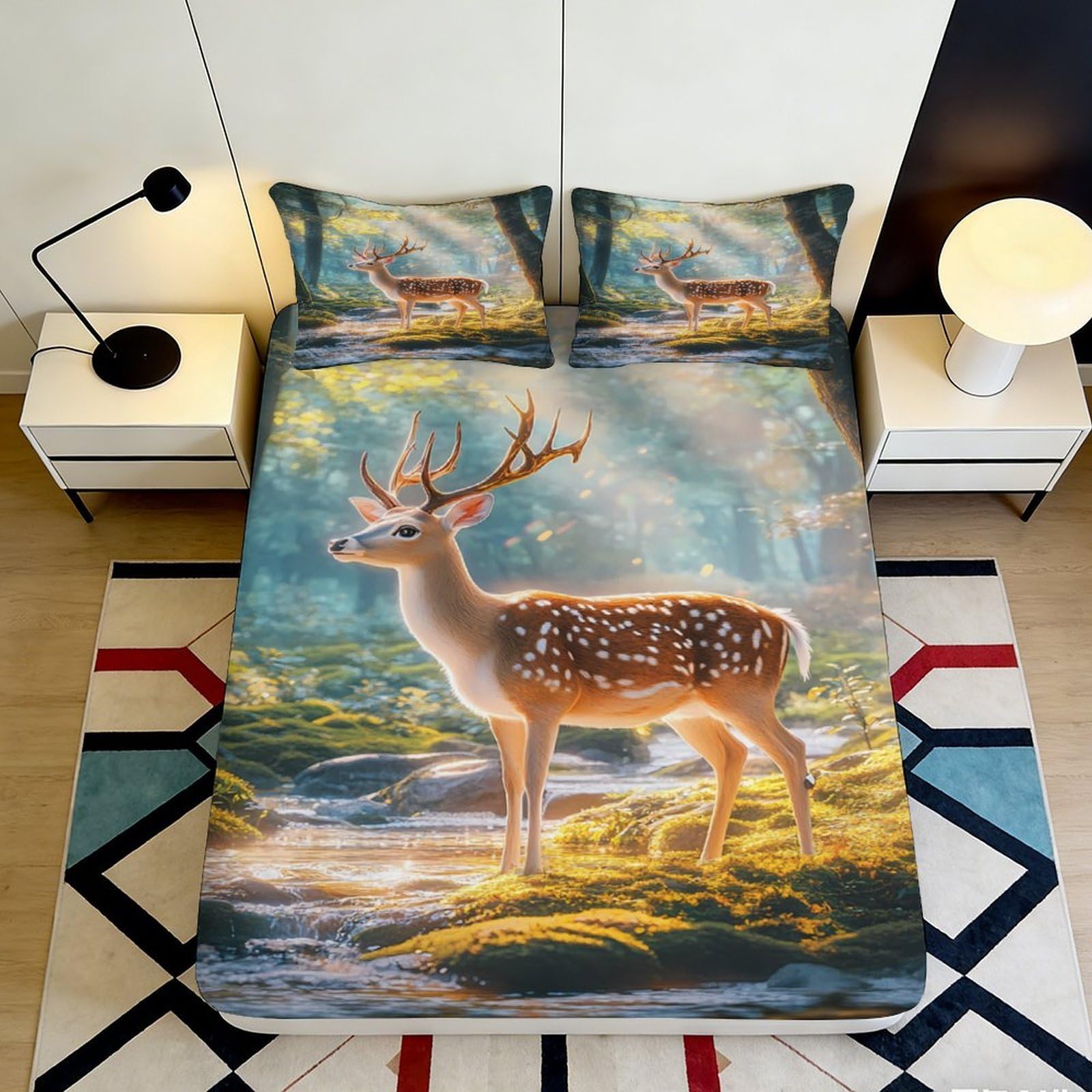3D Printed Forest Deer Fitted Sheet Microfiber Soft Breathable Woodland Elk Mattress Cover for Bedroom Dorm Decor 90x200x25cm