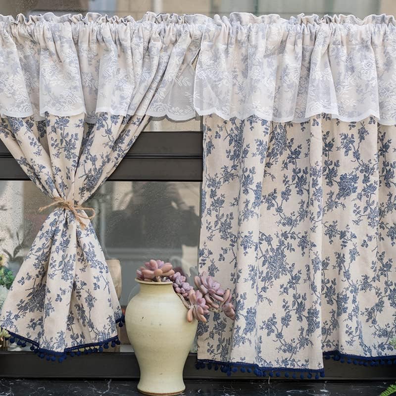 Konsilsa Kitchen Curtains, Vintage Farmhouse Cotton Linen Short Window Panel Country Cafe Semi-Transparent Tassel Small Tier Curtain Decor (Color : A, Size : 40x140cm(16x55inch))