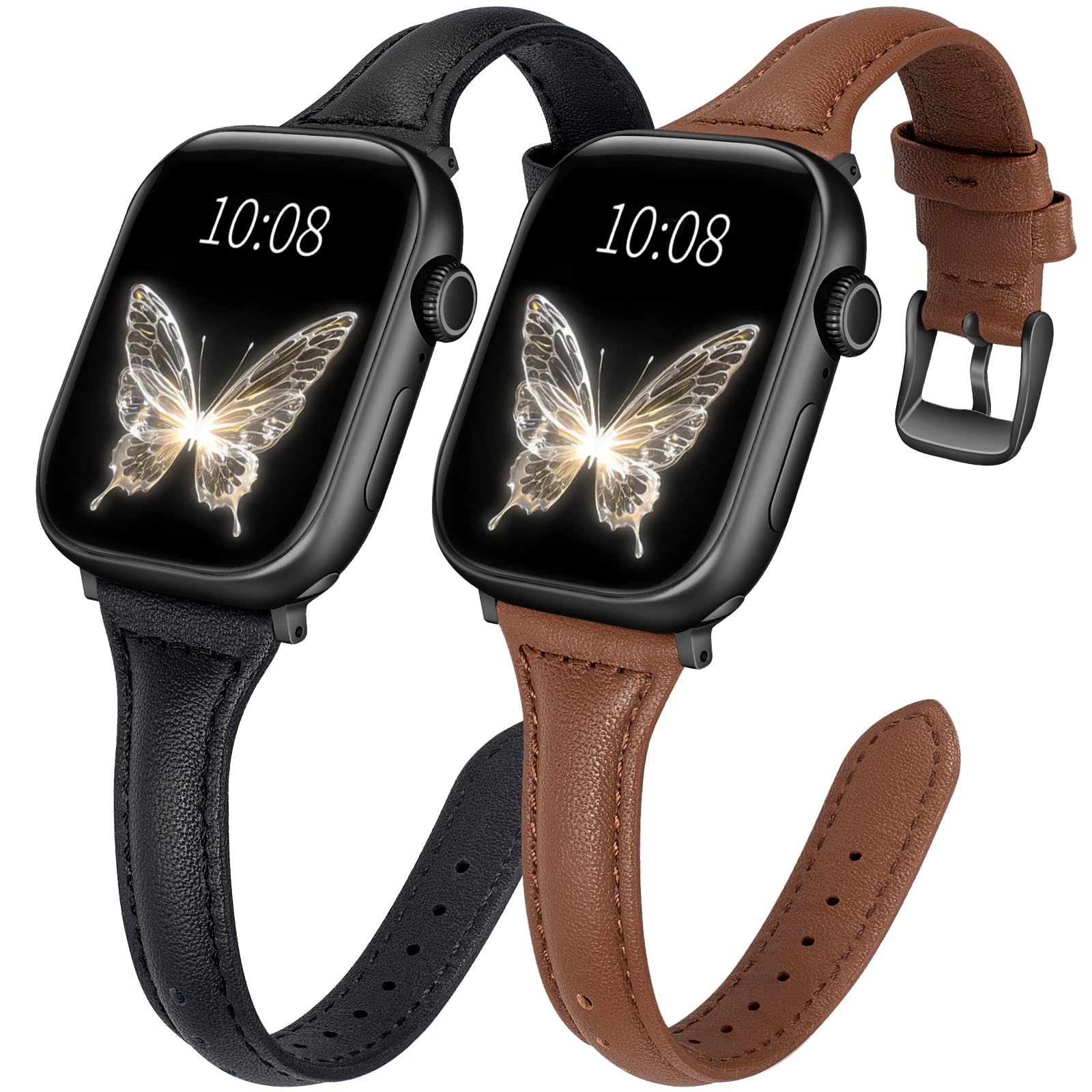 Photo 1 of 2 pack Slim Leather Bands Compatible with Apple Watch Band 38mm 40mm 41mm 42mm(Series 11/10) Women,Top Layer Genuine Leather Strap for iWatch Series 9/8/7/6 5/4/3/2/1/SE(Black/Brown)
