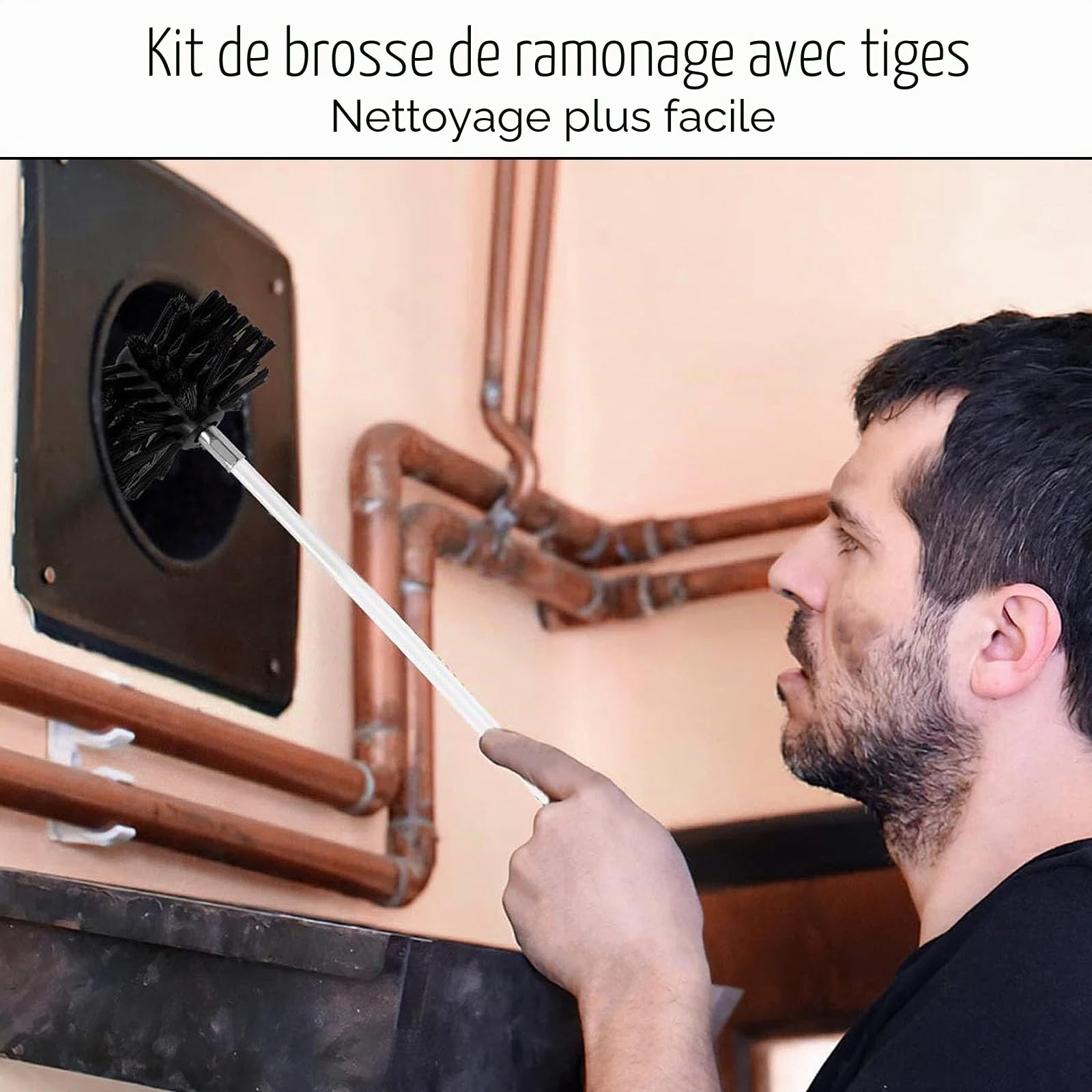 Kit Brosse Nettoyage Cheminée 150 mm Ramonage Nylon avec 9 Tiges Flexibles