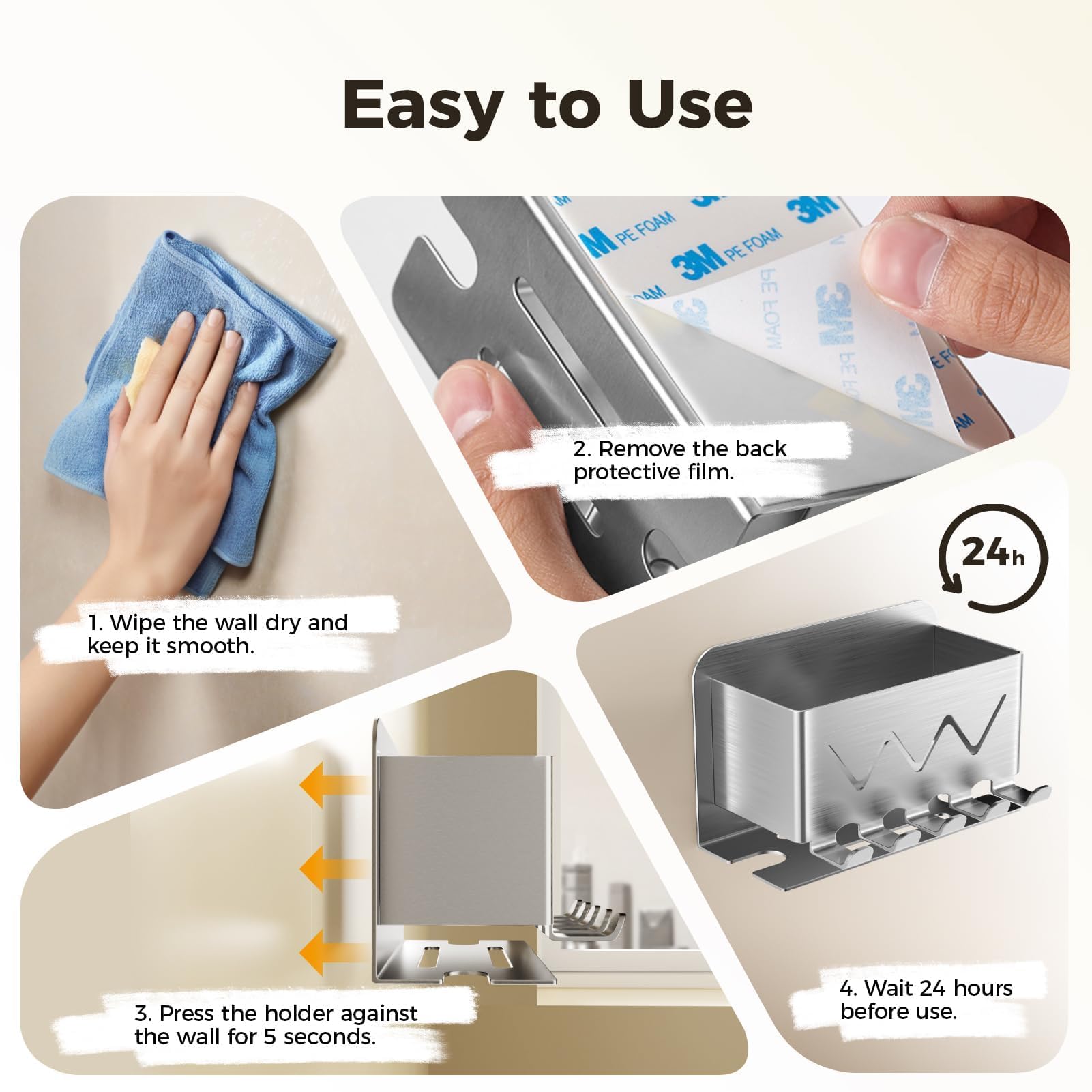 Support Mural Pour Brosse à Dents – Acier Inox 304, Adhésif Puissant, Rangement Malin Sans Perçage - 7