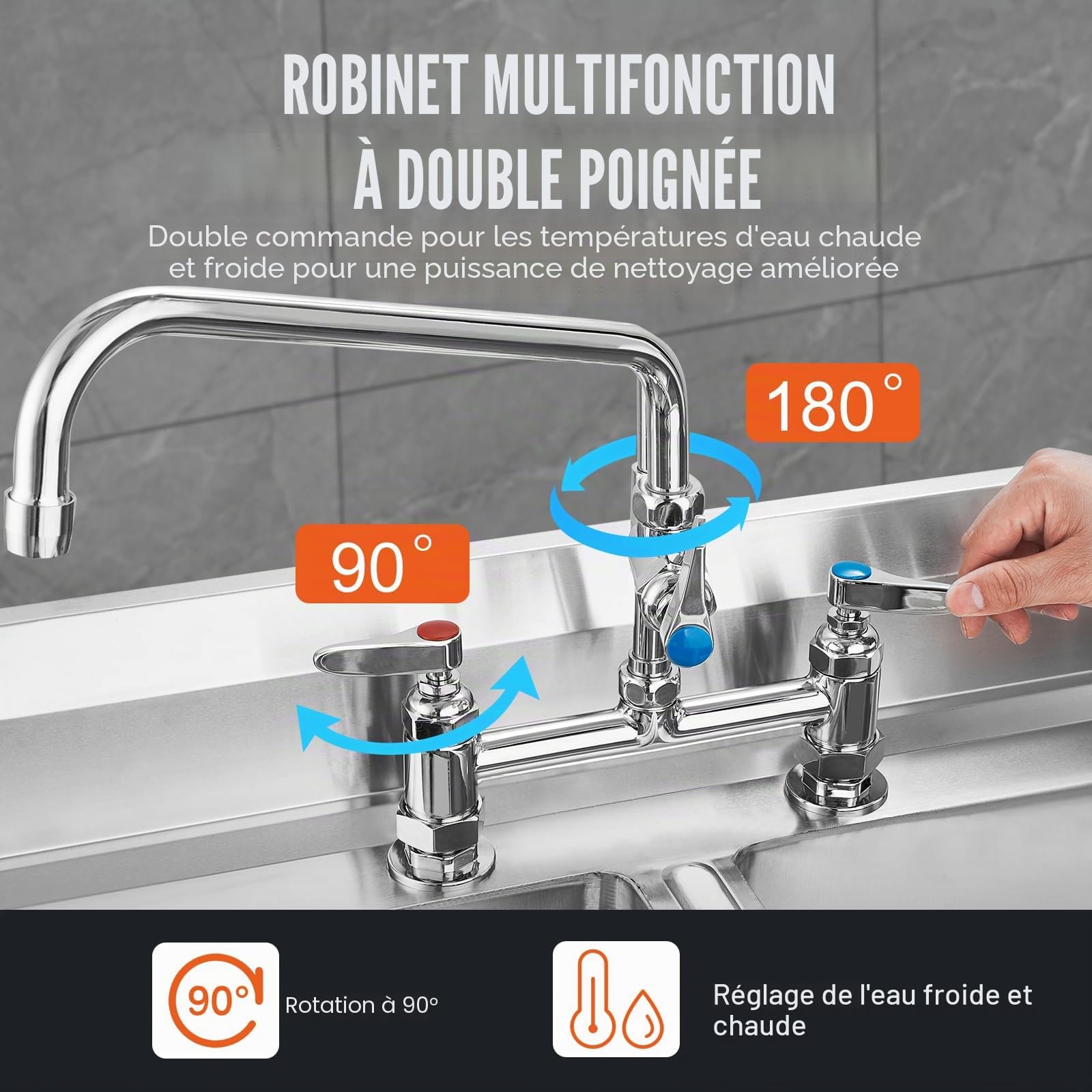 VEVOR Robinet de Cuisine Commercial avec Pulvérisateur de Pré-rinçage, Mitigeur avec Douchette Extractible, 1120 mm de Haut, Entraxe 203 mm, Bec Pivotant 305 mm, Montage sur Pont, pour Évier Rstaurant