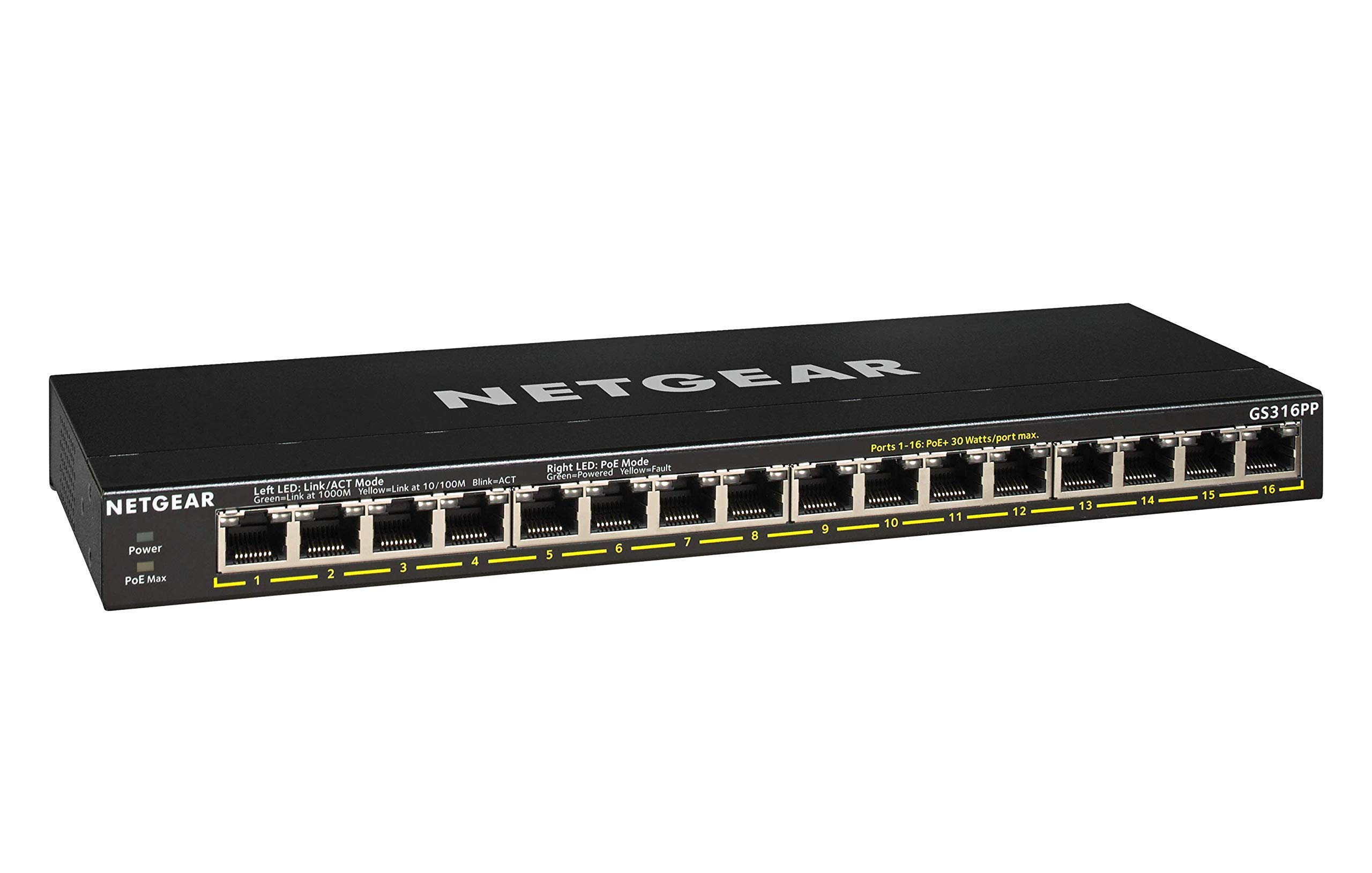 NETGEAR 16-Port Gigabit Ethernet Unmanaged PoE+ Switch (GS316PP) - with 16 x PoE+ @ 183W, Desktop/Rackmount/Wallmount, Sturdy Metal (GS316PP-100) (