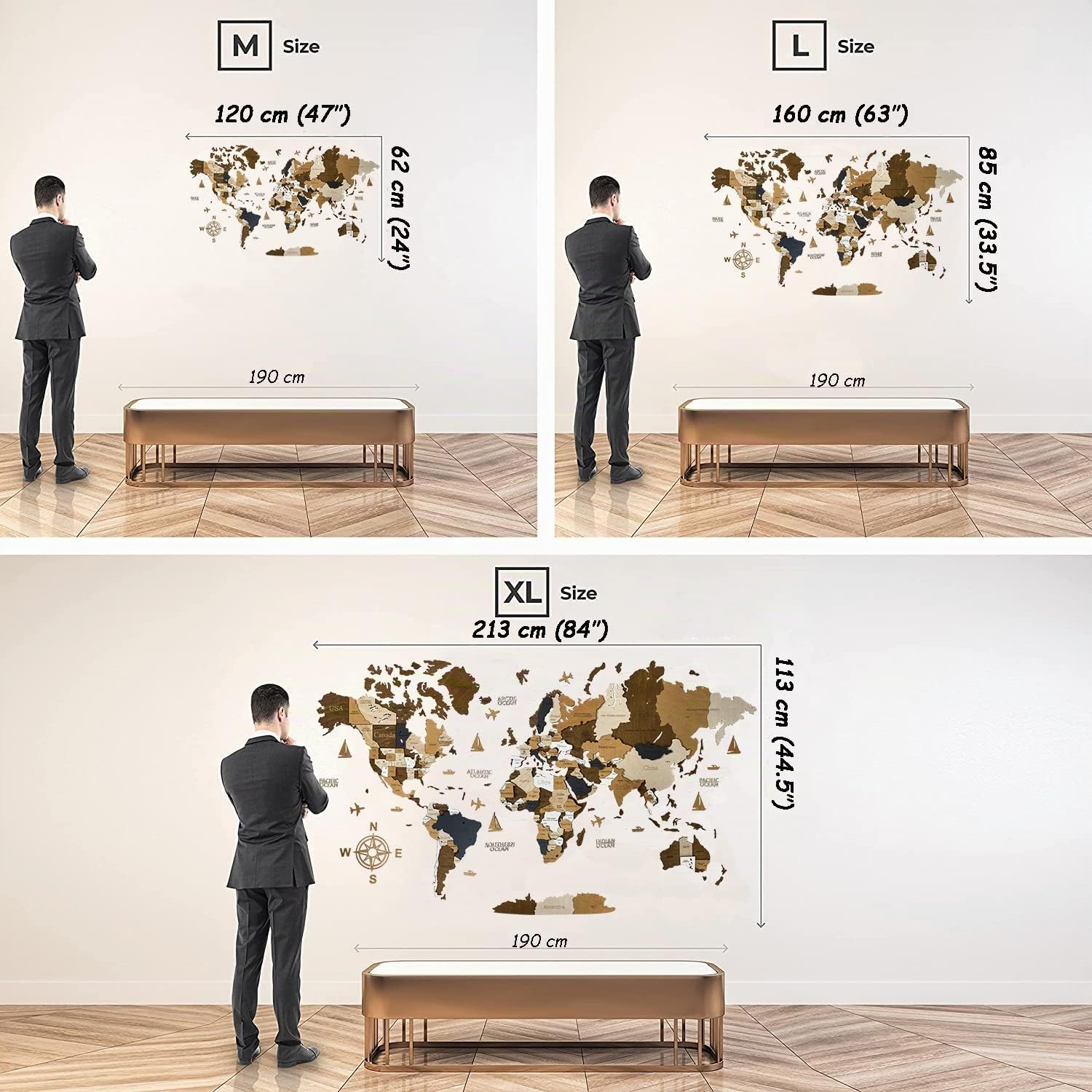 WoodLeo Carte du monde en bois 3D Art Large Wall Decor Taille M L XL Art mural maison cuisine bureau