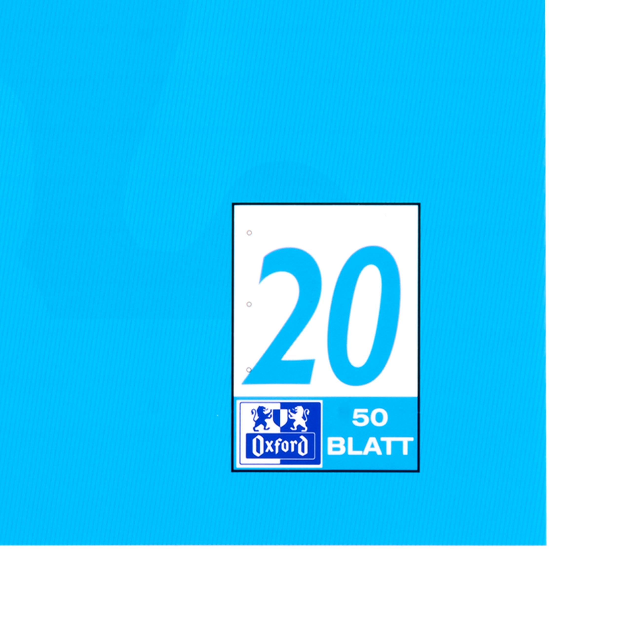 Oxford 100050354 Notatnik szkolny, A4, styl linii, 20 pustych, 50 arkuszy, 90 g/m², papier optyczny, klejony wzdłuż góry, 5 sztuk, niebieski