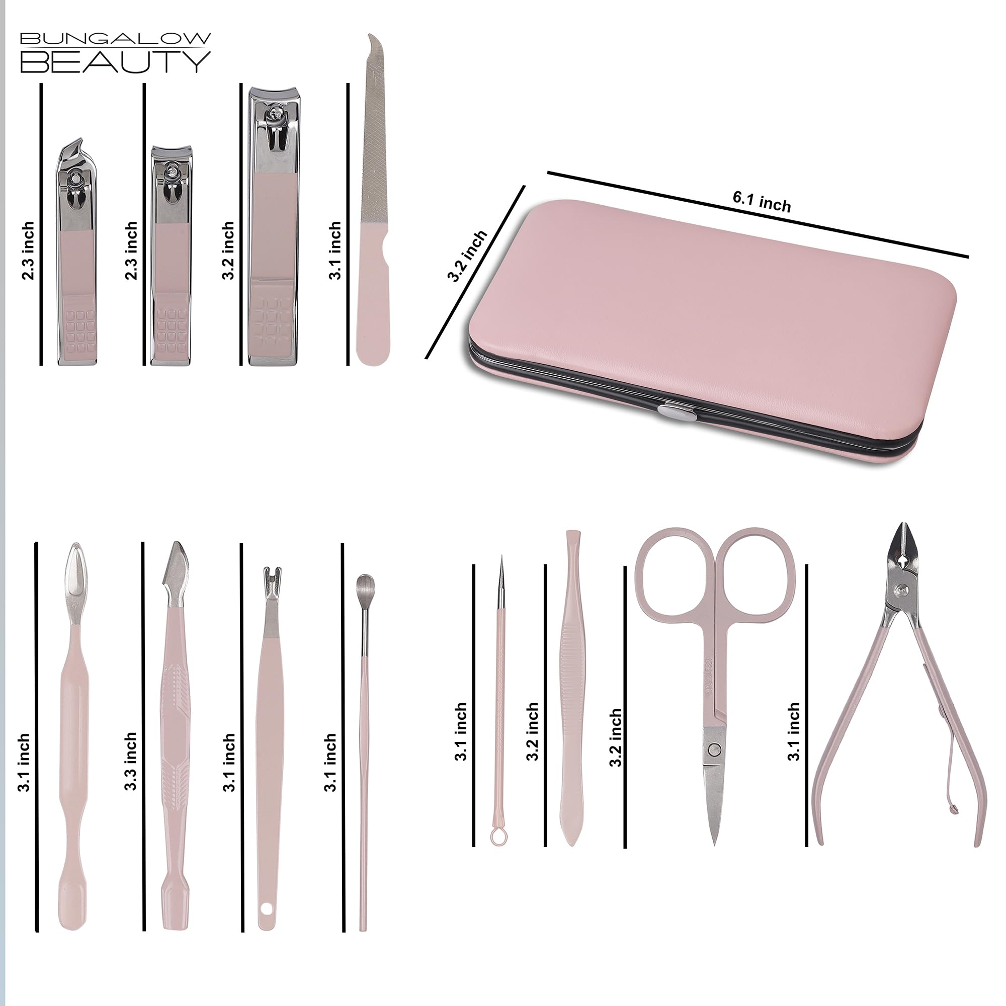 BUNGALOW BEAUTY - 12 PCS Stainless Steel Manicure Set | 1 Cuticle Nipper | 1 Cuticle Pick | 1 Cuticle Pusher | 1 Tweezer | 1 Double Pick | 1 Nail File | 1 Acne Needle | 1 Ear Cleaner | 1 Scissors | 3 Nail Clippers | Lead free | Cadmium Free | Free of Phthalates 4