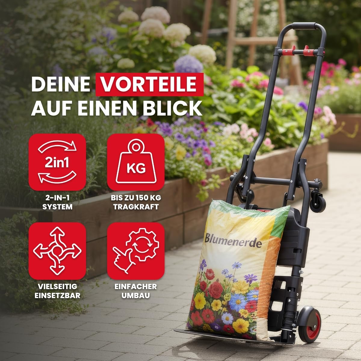 WALTER 2-in-1 Transportwagen & Transportkarre – 150 kg Tragkraft, ausziehbarer Griff, Feststellbremse, elastische Fixierbänder, klappbar