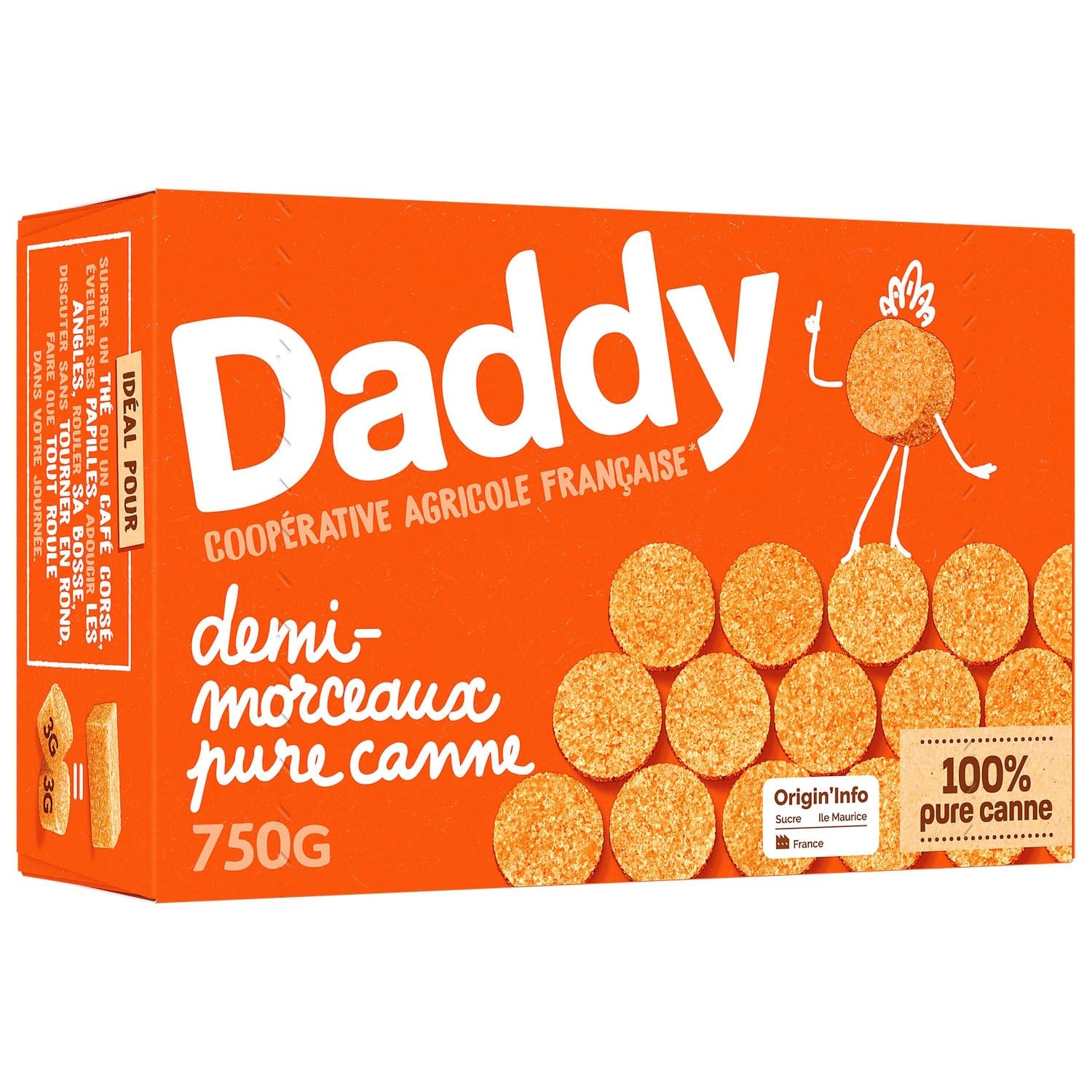 DADDY Sucre de Canne Pur Demi-Morceaux - Boîte de 750 g - 244 morceaux de 3 g - Format pratique pour café, thé et pâtisserie - Lot de 4
