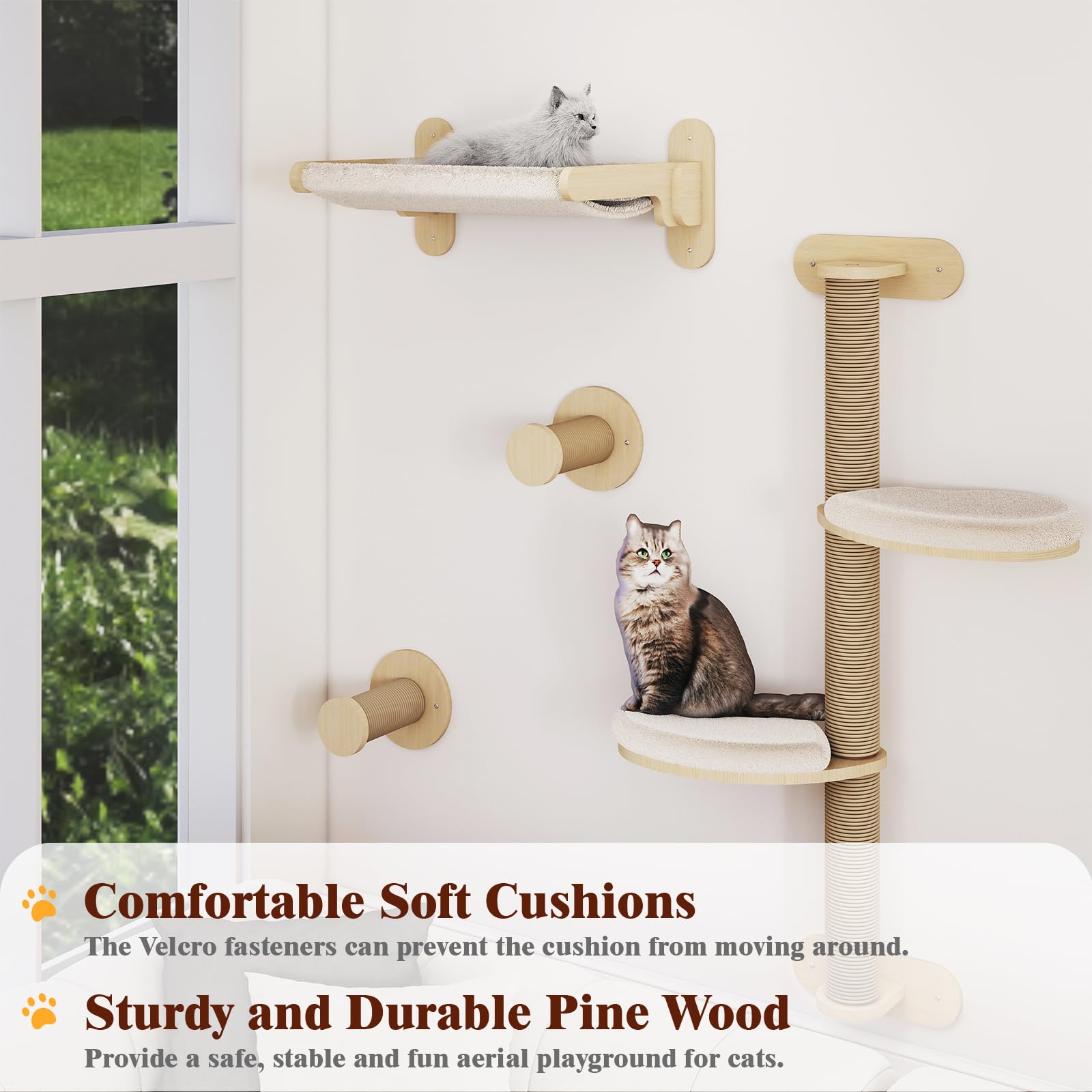 BYBYME 7-teilige Katzen-Wandregale, Kratzbaum aus Massivholz für den Innenbereich, mehrere Ebenen, stabile wandmontierte Katzenklettergerüste aus Holz mit Kratzbäumen, Katzenbett (Naturholz)