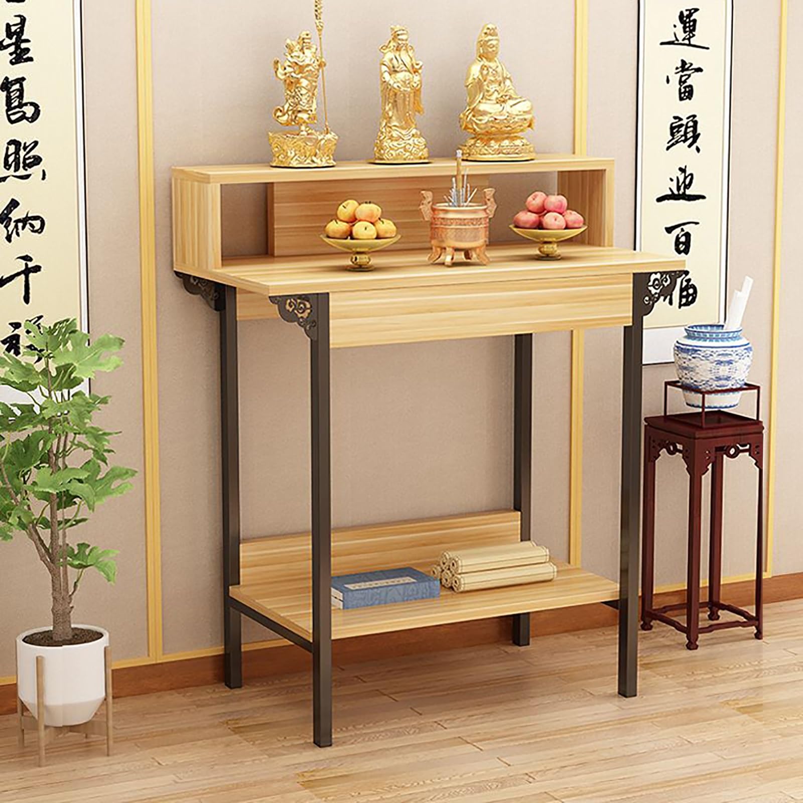 JNTFNE Multi-Layer Shrine Altar Table, Meditation Table with Metal Legs, Chinese Cabinet Pedestal Offering Buddha Shelf for Home Décor, Bedroom, Office(Beige,60 * 42cm/23.6 16.5in)