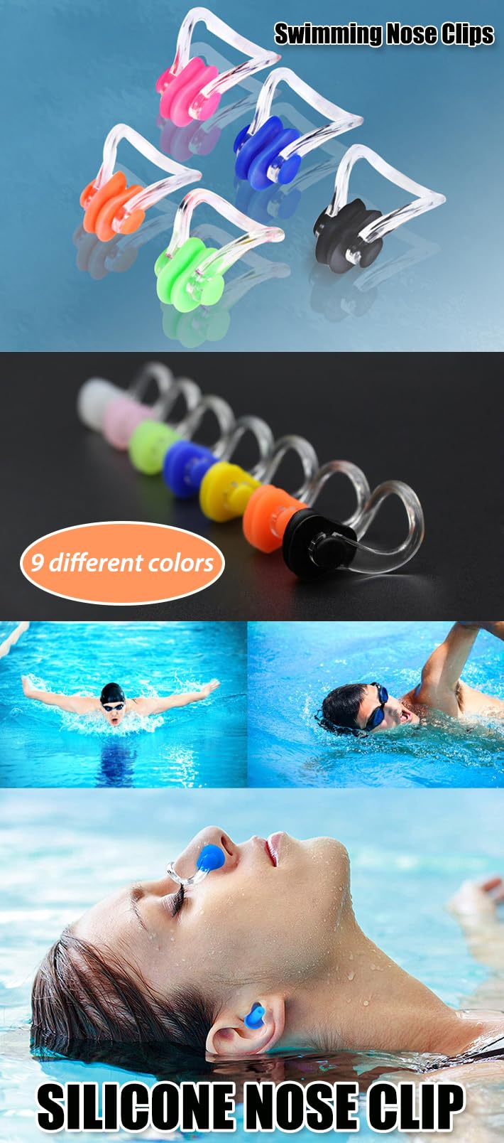 AKOAK Set Di 9 Clip Per Naso In Silicone Morbido Per Nuoto E Surf - Multicolore, Riutilizzabile, Antiscivolo, Protegge La Cavità Nasale Da Acqua