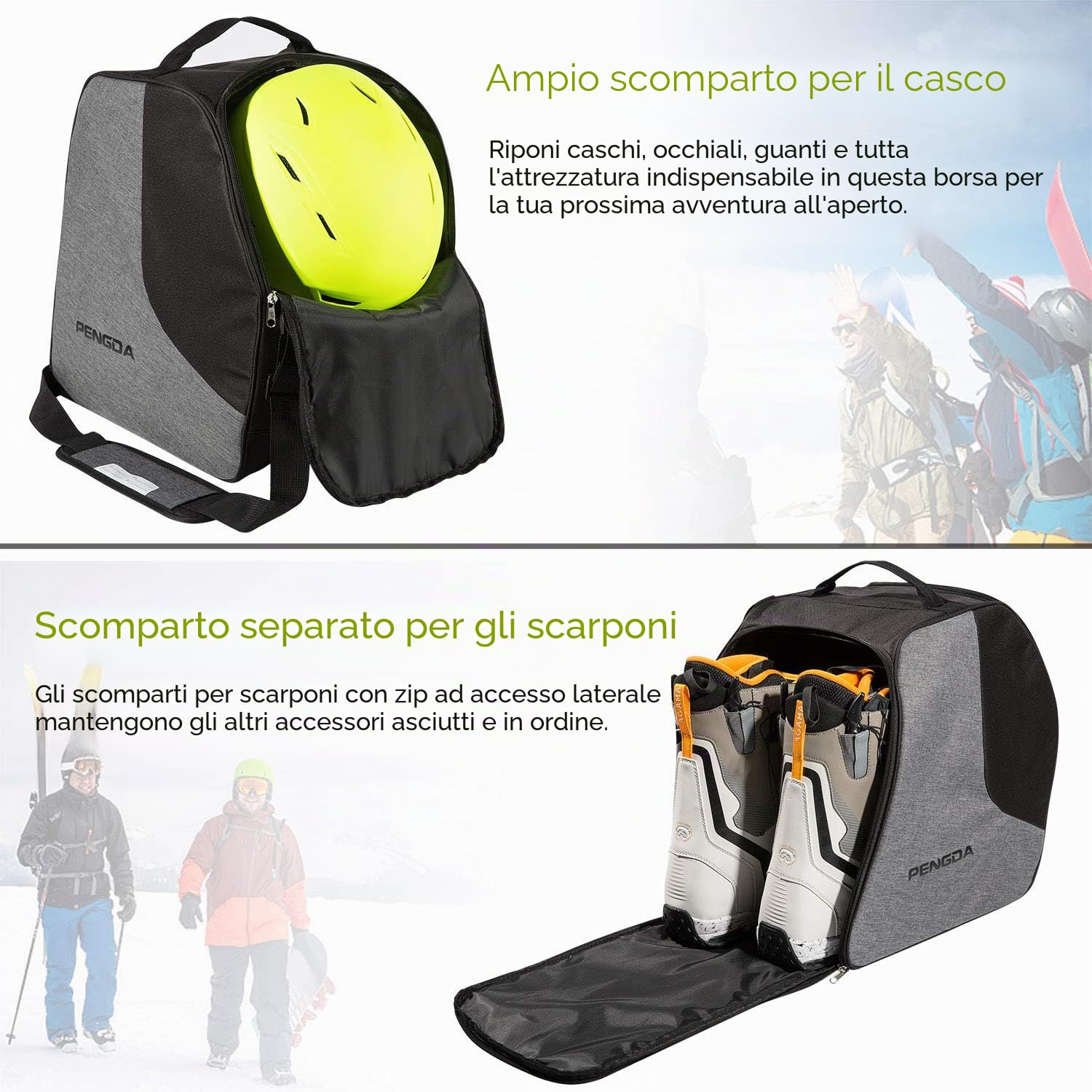 PENGDA Borsa per scarponi da sci extra large con scomparto per casco per giacca, casco, occhiali di protezione, guanti