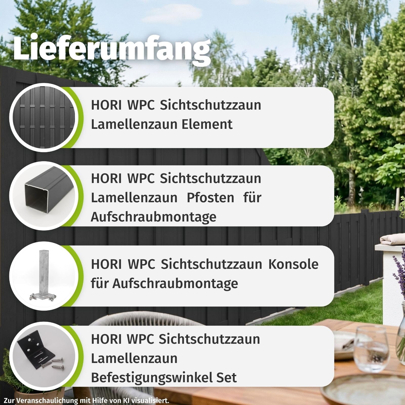 HORI WPC Lamellenzaun Komplettset - Moderner Sichtschutz für den Garten - Robuster & pflegeleichter Zaun mit einfacher Montage - 1x Schmal + 1x Pfosten zum aufschrauben Anthrazit