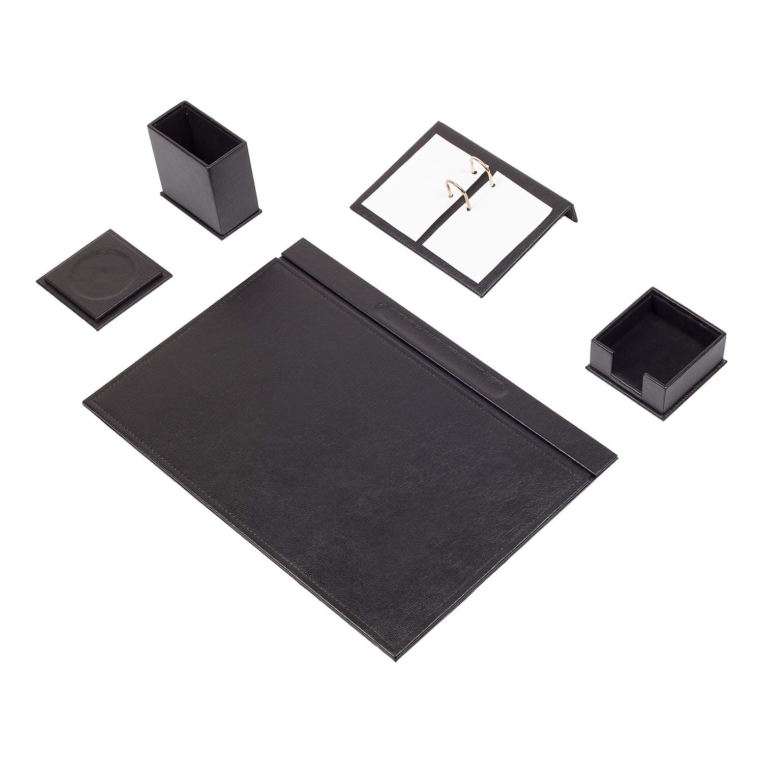 MOOGCO Schreibtisch-Set aus Leder – Schreibtischunterlage – Notizpapierhalter – Stifthalter – Lederuntersetzer – Kalenderhalter – 5 Zubehörteile – Schreibtisch – 5 Stück (schwarz)…