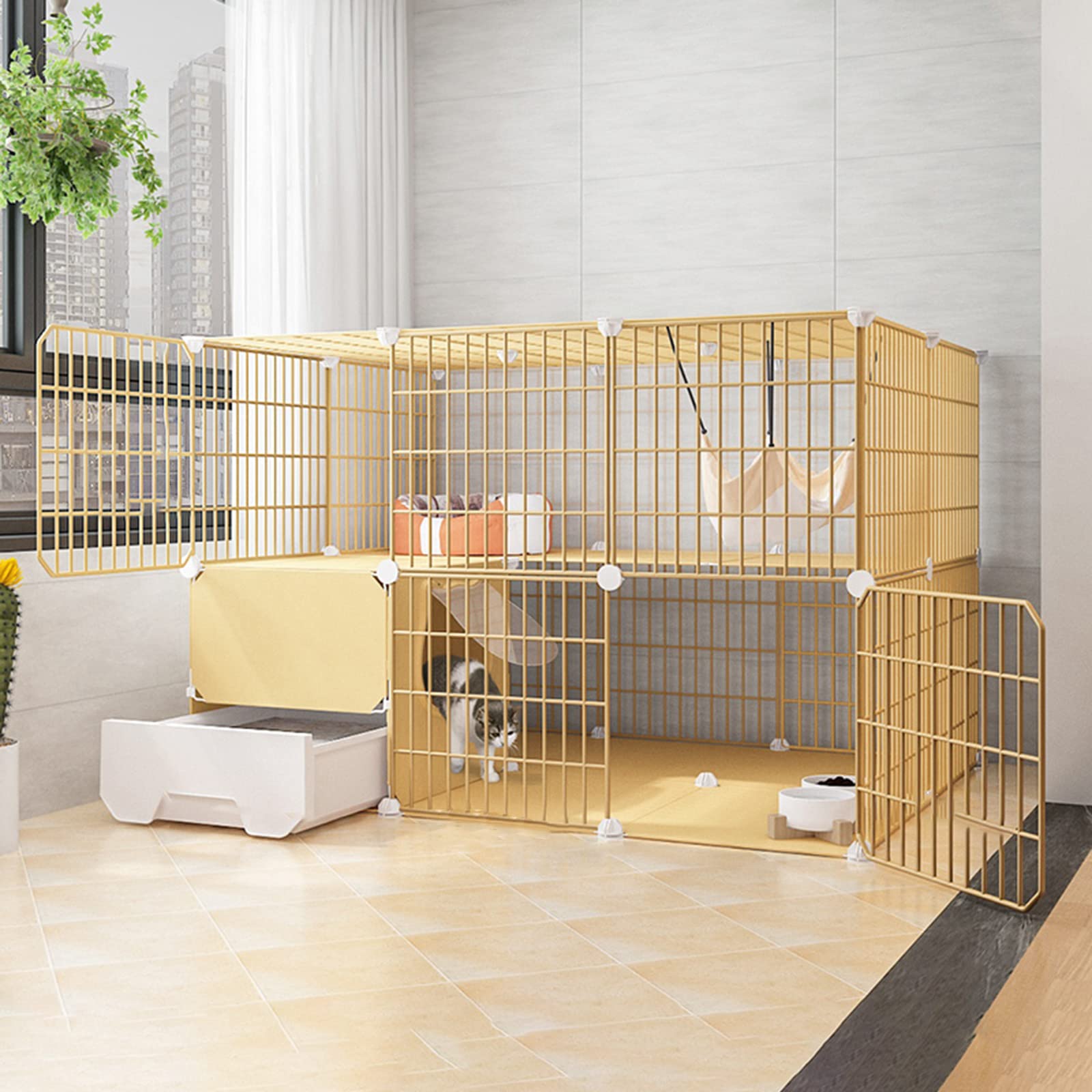 asdchZen Cages For Cats For Inside House,Cat Cage With Litter Box,Wire Cat Cage,Collapsible Cat Cage,Easy To Assemble - Black/Yellow,Yellow,A,111 * 75 * 73Cm