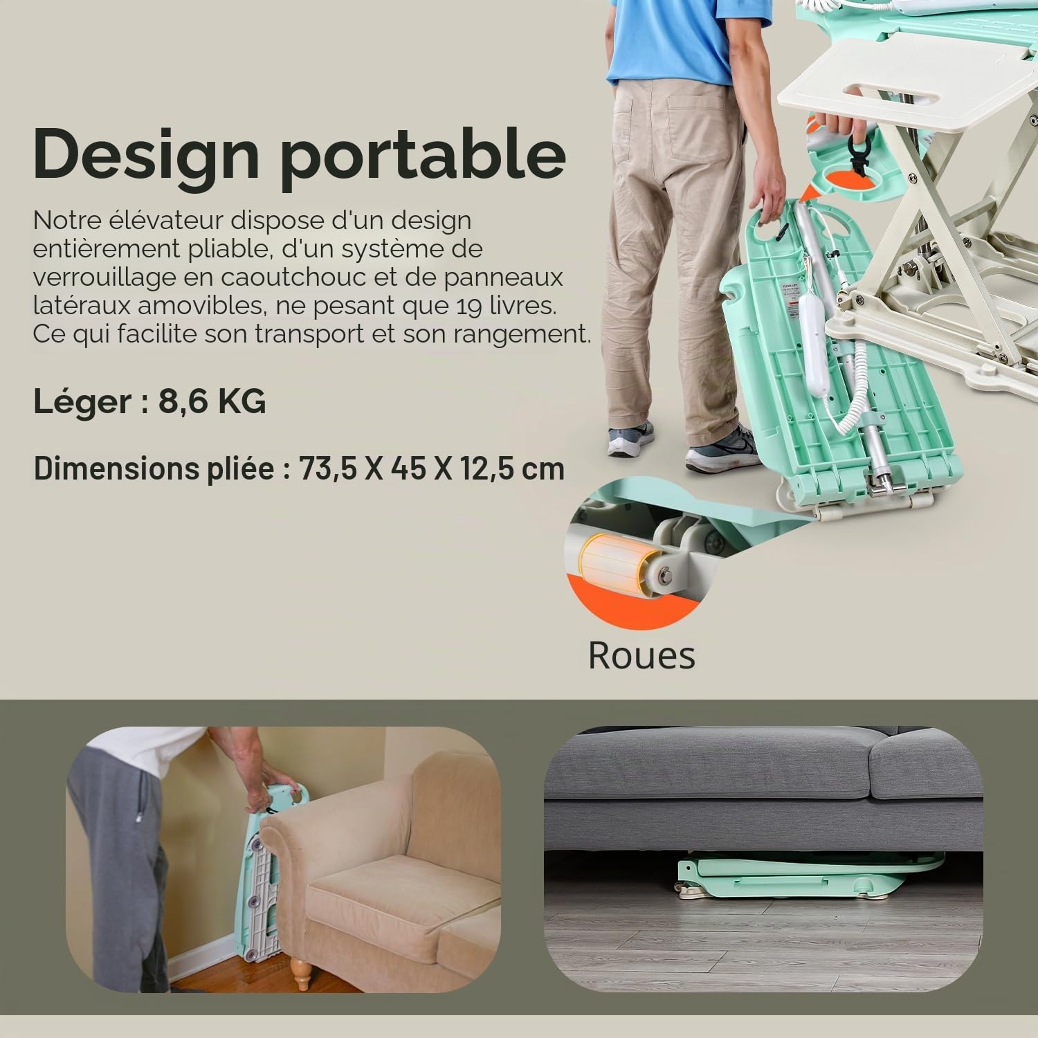 SuperHandy GoRise LT Élévateur Bain et Sol, Charge 150 kg, Pliable, IP68 | seulement 8,6 kg, étanche et pliable; siège ergonomique avec panneaux amovibles pour bain et transfert au sol；Breveté