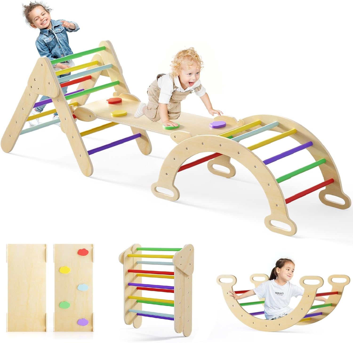 Olakids Pikler Triangle Set 7 in 1 Climbing Toys for Toddlers 1-3 Inside Foldable Wood Montessori Jungle Gym with Ramp Ladder Arch Slide Baby Climber Indoor Playground OEKO-TEX STANDARD 100