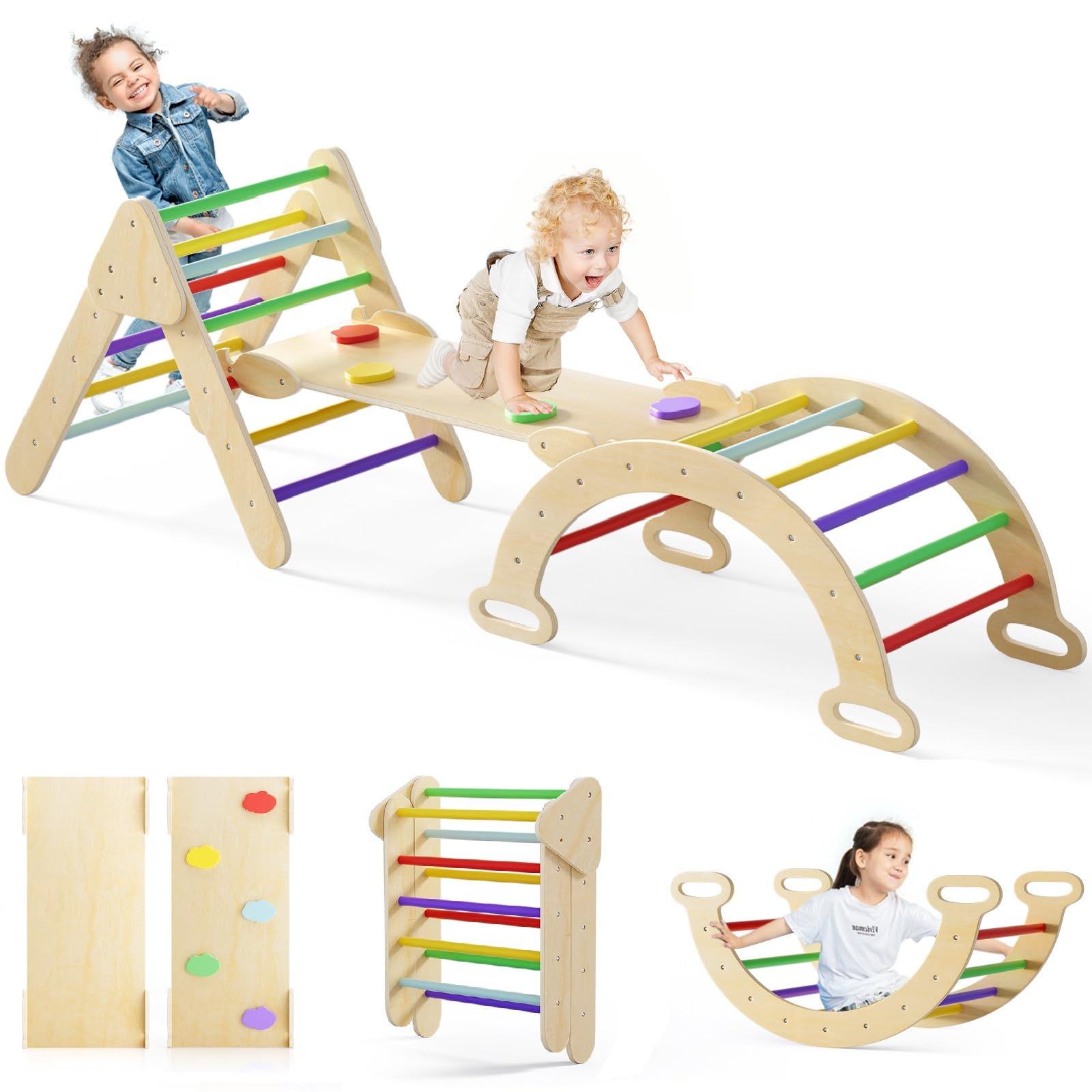 Olakids Pikler Triangle Set 7 in 1 Climbing Toys for Toddlers 1-3 Inside Foldable Wood Montessori Jungle Gym with Ramp Ladder Arch Slide Baby Climber Indoor PlaygroundOEKO-TEX STANDARD 100