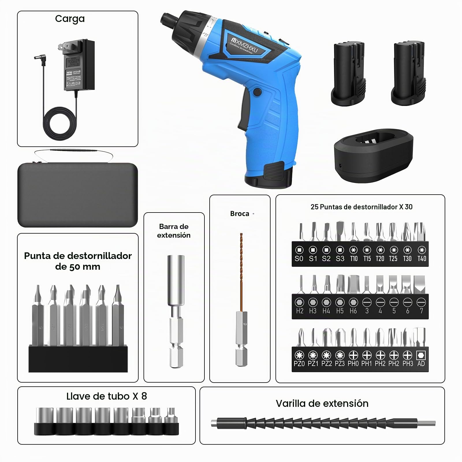 Destornillador inalámbrico de 8 V, kit de destornillador eléctrico con 2 baterías de 2000 mAh, par máximo de 10 N·m, mango giratorio de 180°, luz LED y 47 accesorios, para bricolaje, reparación del