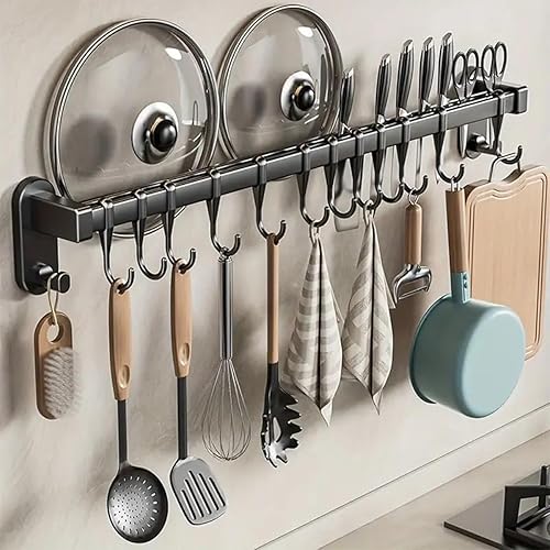 AmoiChic - Estante adhesivo para ollas montado en la pared, para cocina, tapa desmontable, organizador de utensilios con 6 ganchos para cocina,