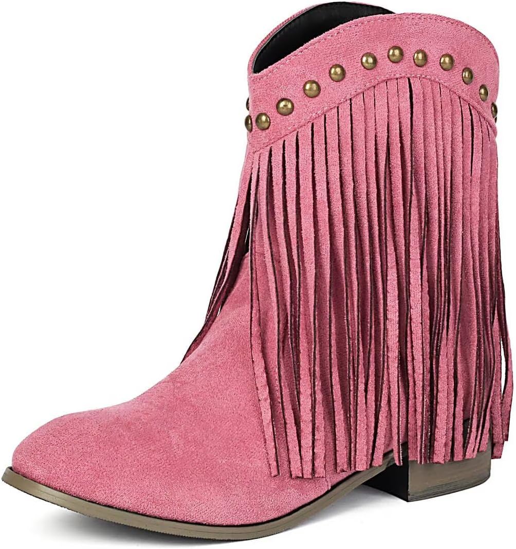 Joojaky Cowboy Boots for Women Ankle Western Fringe Booties Low Heel Rivet Boots