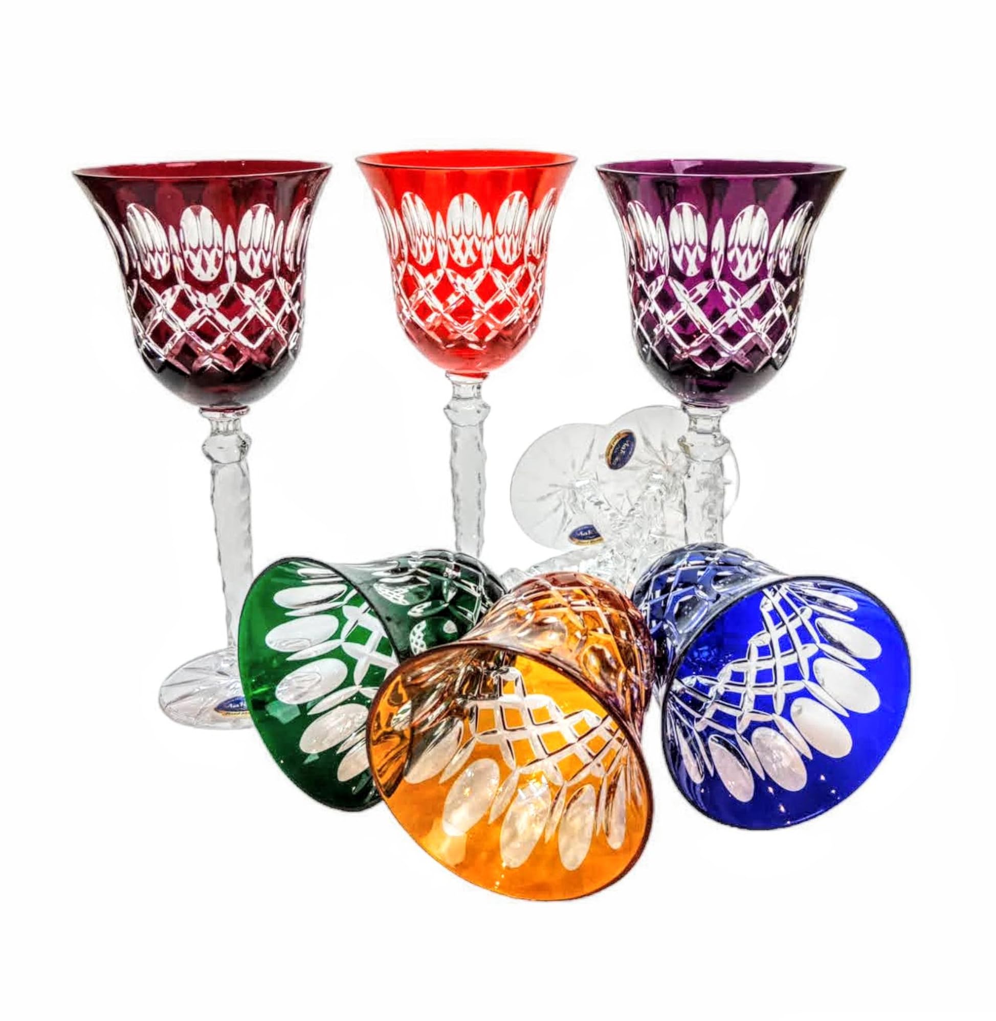 MaRika Bunte Kristall-Weingläser – handgefertigte und bemalte Kristallgläser im 6er-Set – perfekt für Rot- und Weißwein, eine luxuriöse Geschenkidee (Mix, Olivengitter, 280ml)