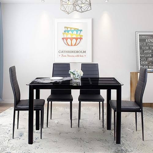 Miniatura 2 de Henf Juego de mesa de comedor de 5 piezas moderno juego de mesa de comedor para 4 personas con mesa superior de cristal templado y 4 sillas de piel