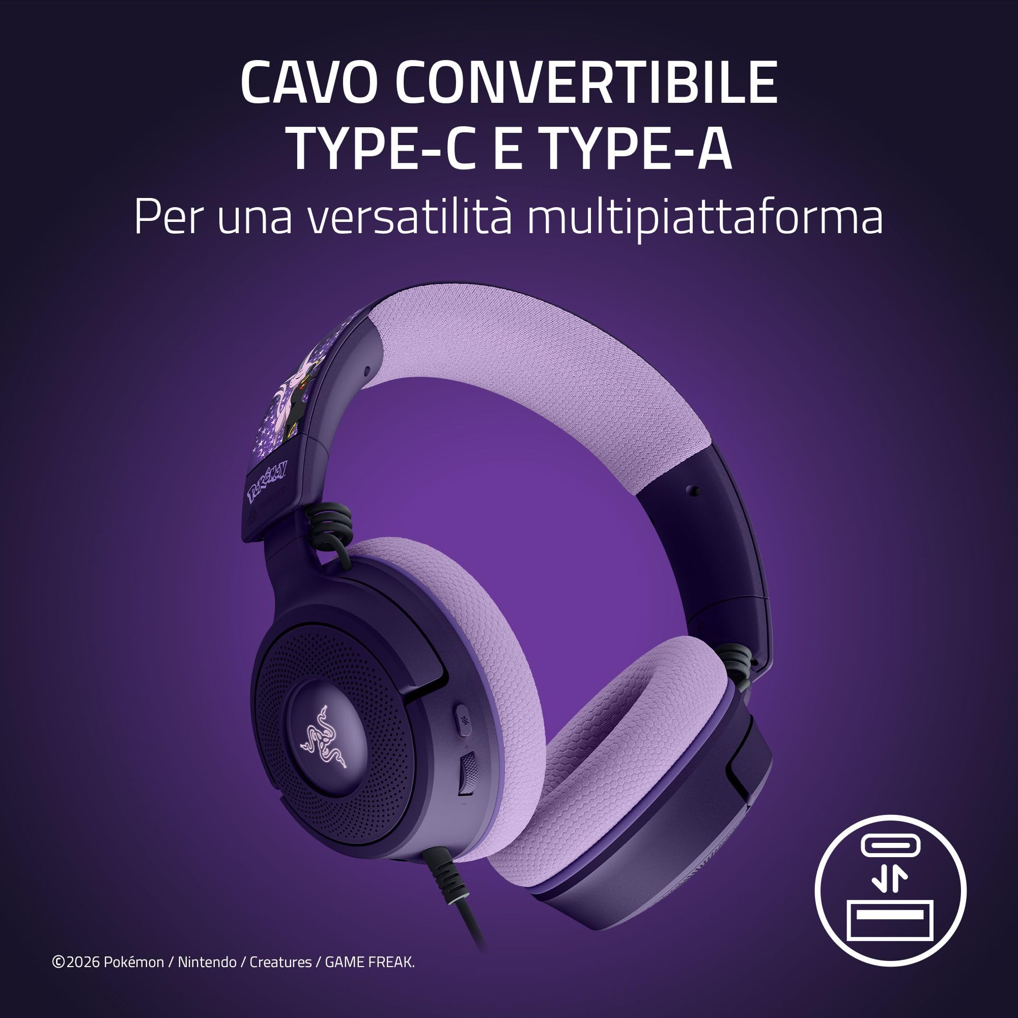 Razer Kraken V4 X Pokémon Espeon & Umbreon Edition - Cuffie da gioco con cavo USB - Driver TriForce da 40 mm - Microfono cardioide retrattile - Audio surround - Chroma RGB