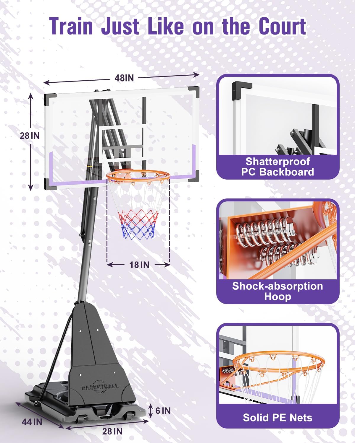TONBUX Basketball Hoop Outdoor 44/48/54 Inch PC Backboard, 10FT Adjustable Basketball Goal, Portable Basketball Hoop for Kids/Teens/Adults in Backyard, Driveway and Indoor