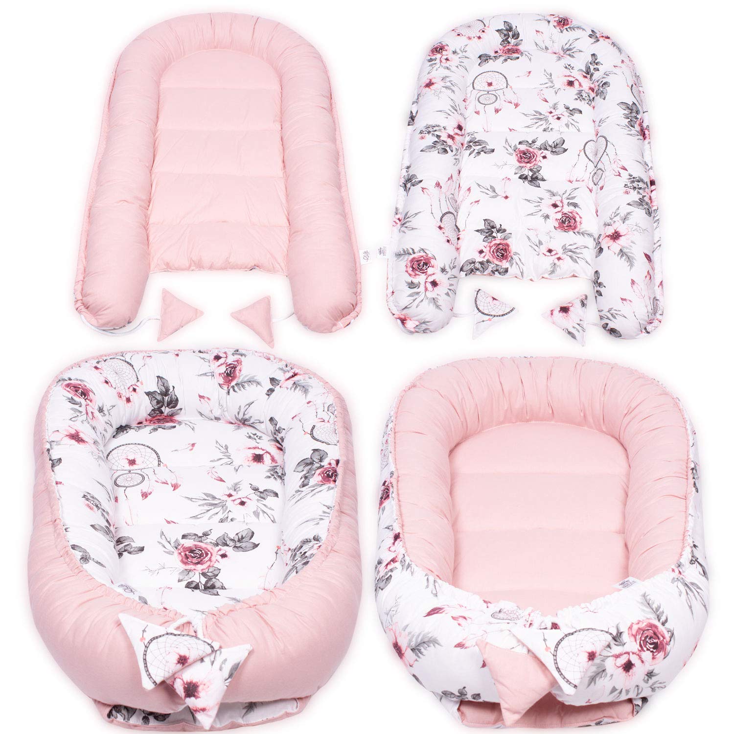 PaLulli Nido de Peluche de 2 Caras, Nido de Bebé, Cuna de Viaje, Cambiador de Cama, Capullo para Cuna de Bebé, 100% Algodón Oeko Tex (Rosa Soñador)