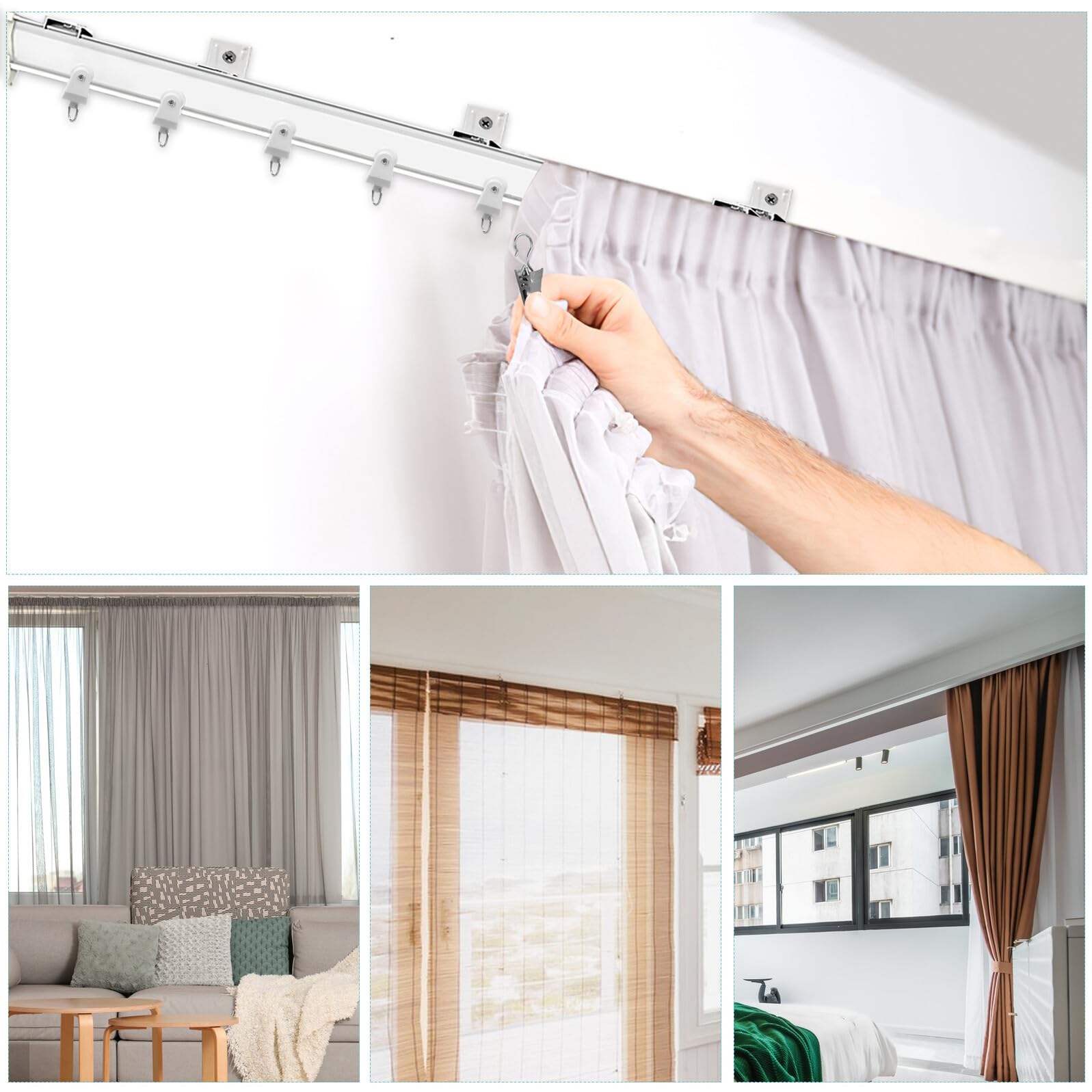 TEHAUX Rail Rideaux Flexible Incurvé avec Pinces INOX pour Fixation Murale Système Silencieux Compatible Divers Rideaux Adapté Fenêtres et Séparateurs Espace