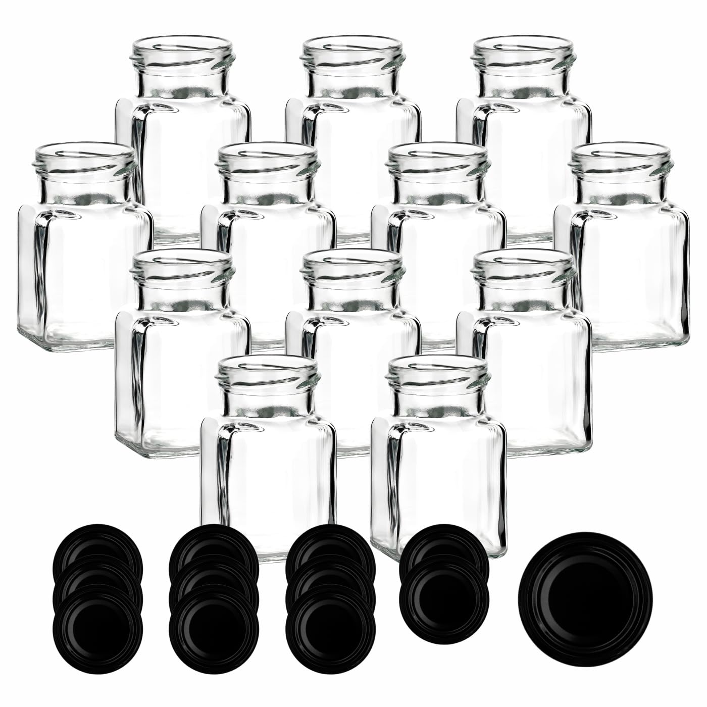 Gouveo Lot De 12 Bocaux Carrés De 150 Ml Avec Couvercles à Vis Argentés BS - Petits Bocaux De Conservation Avec Bouchons à Vis - Pots De Confiture Vides (EGE150SBS